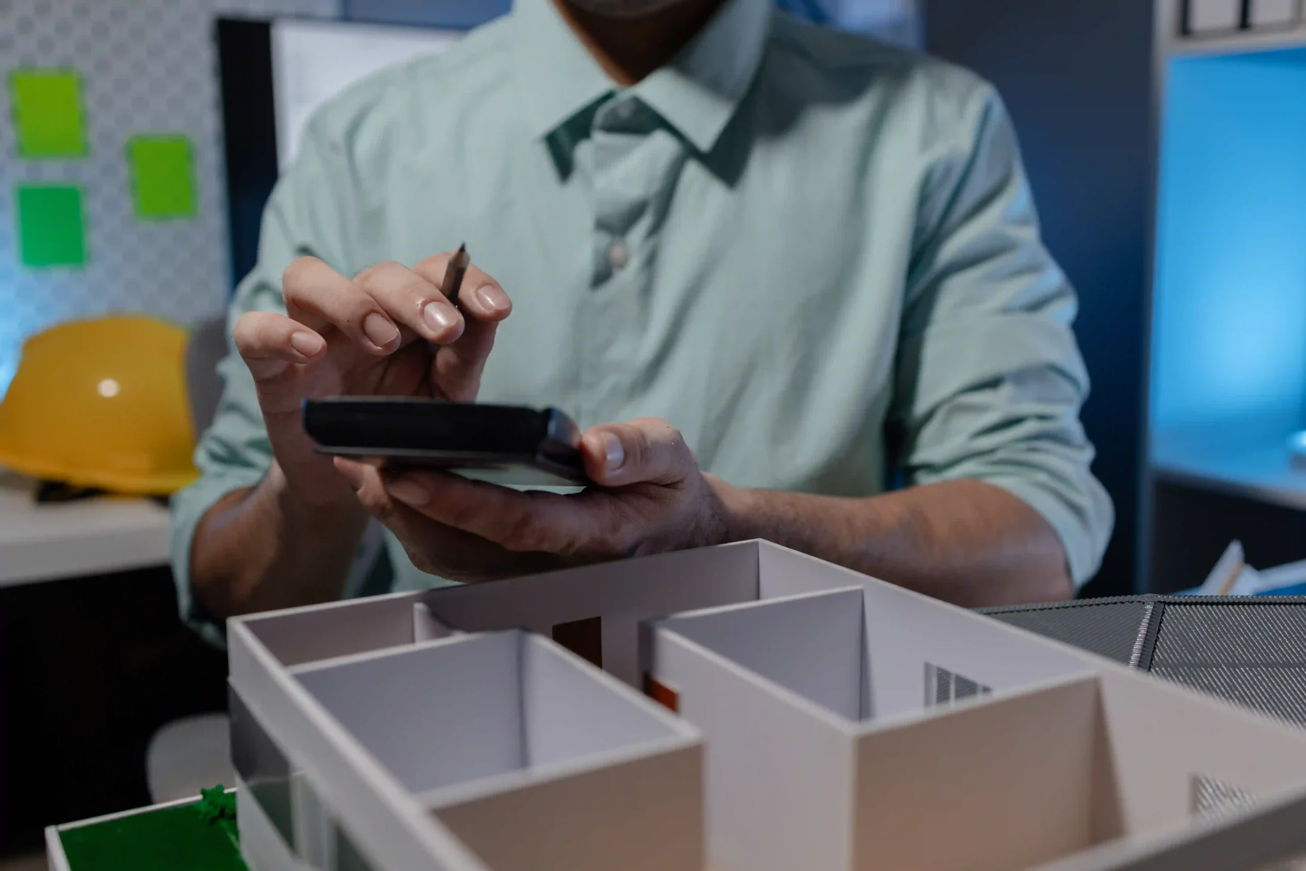 An engineer calculating inventory management metrics using a calculator with a scaled model on the desk.