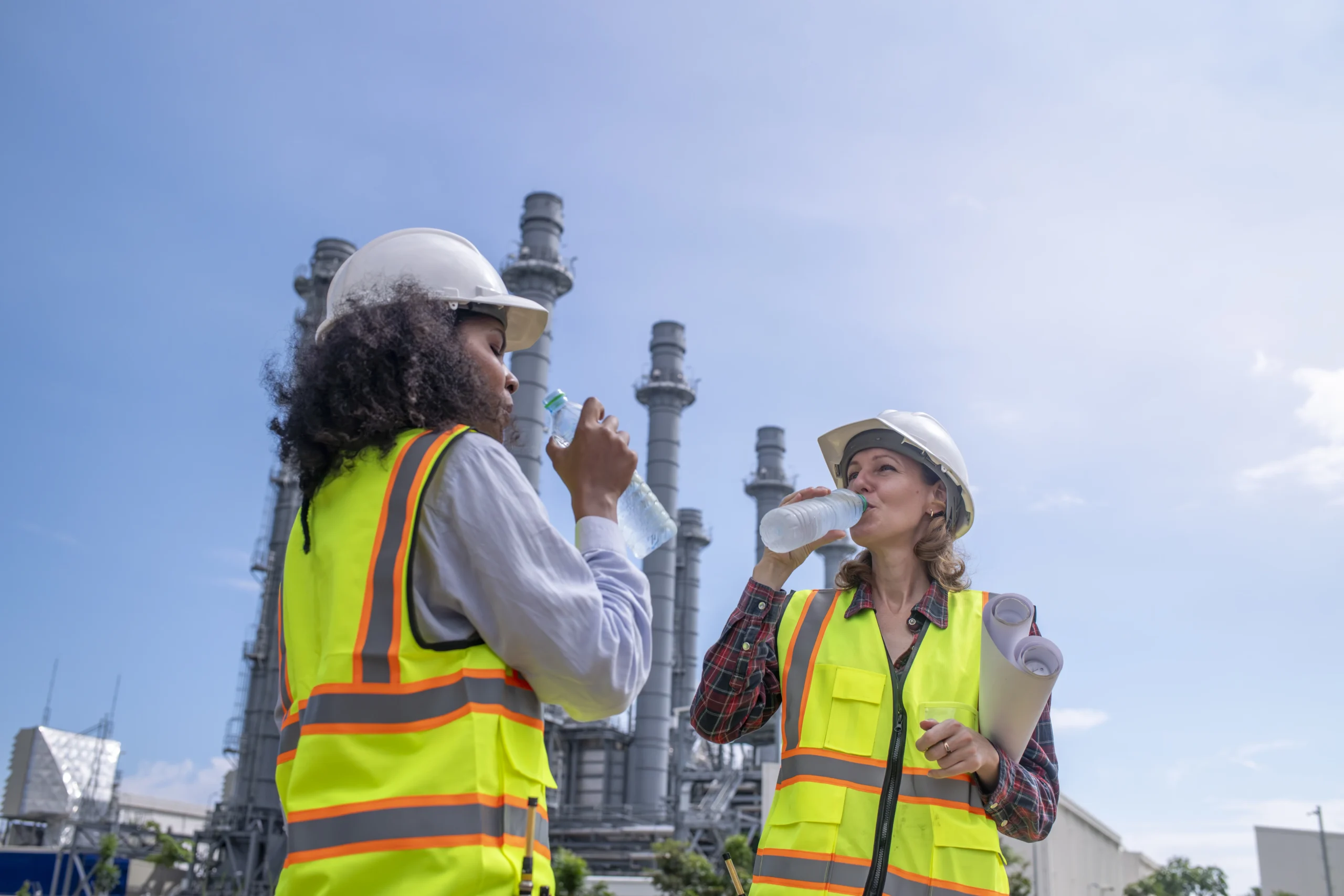 Two engineers in safety vests and hard hats hydrating at an industrial site under a clear sky.