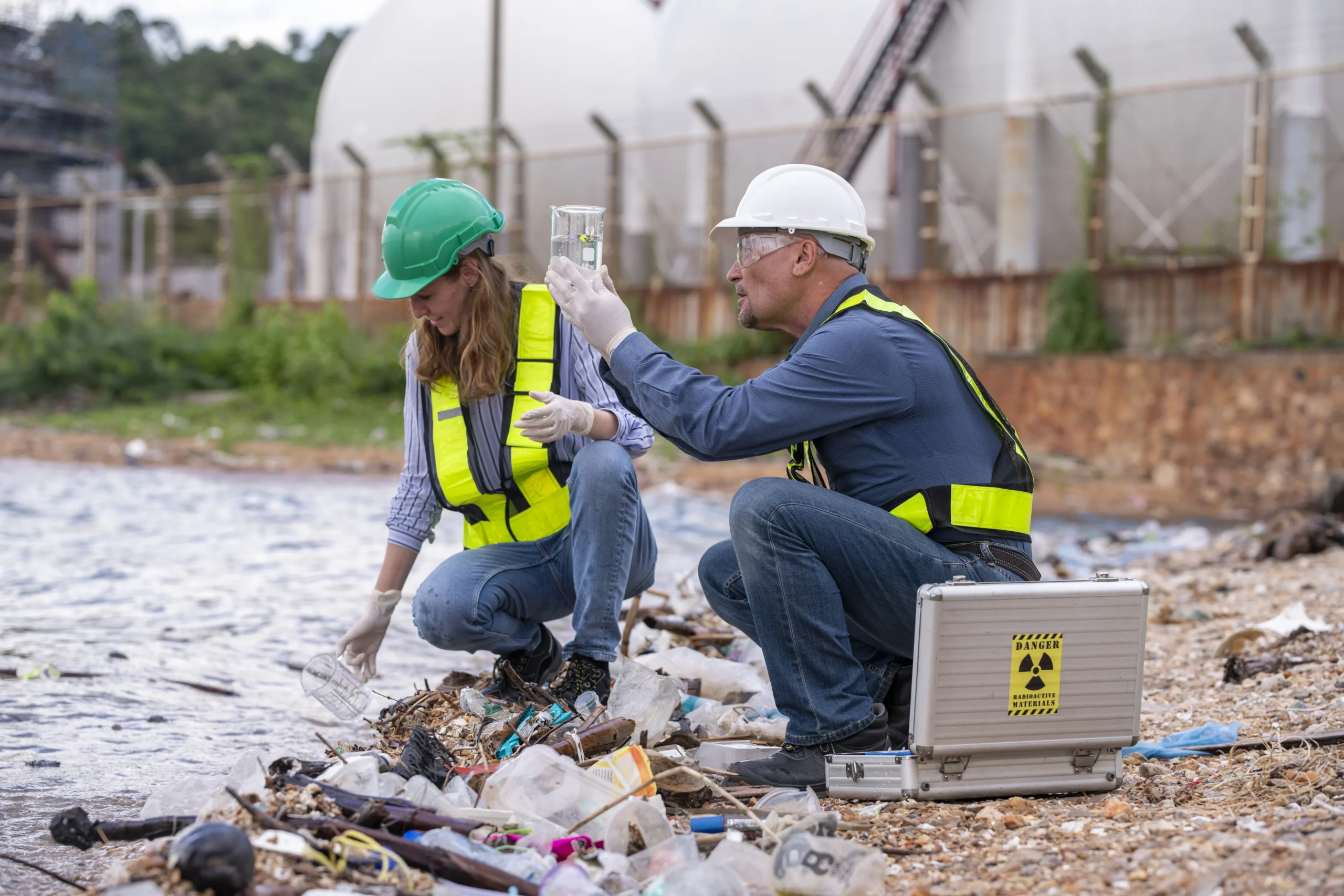 Environmental scientists analyzing water samples near a polluted site with protective gear and tools.