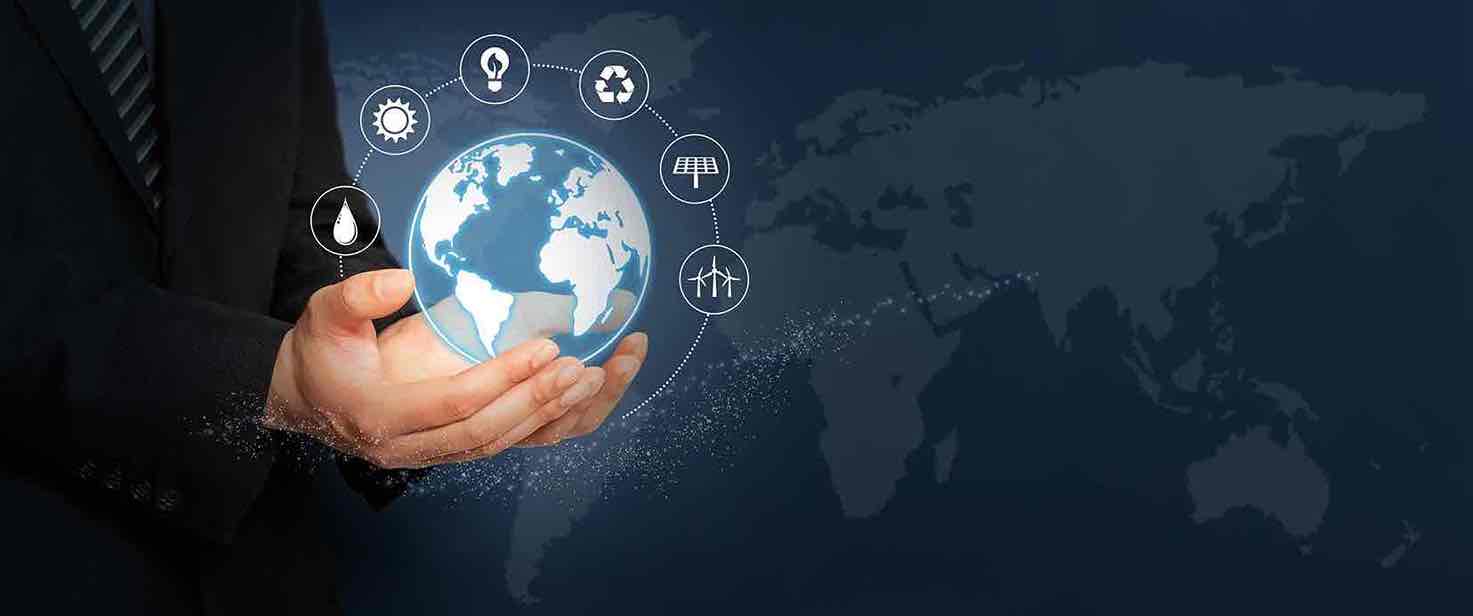 Businessperson holding a digital globe with icons representing sustainability and global trade compliance.