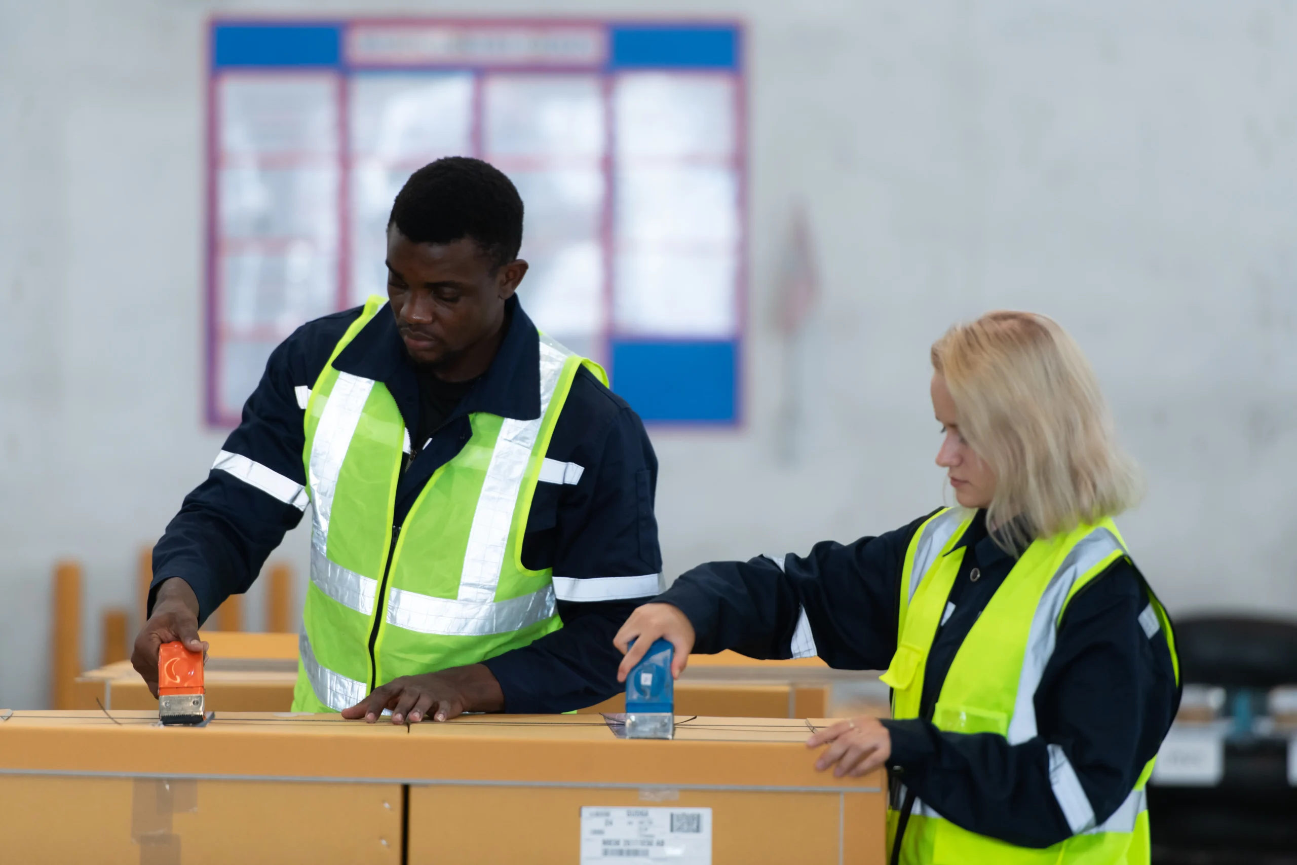 Team of warehouse workers using tape guns to secure packages as part of pick and pack operations.