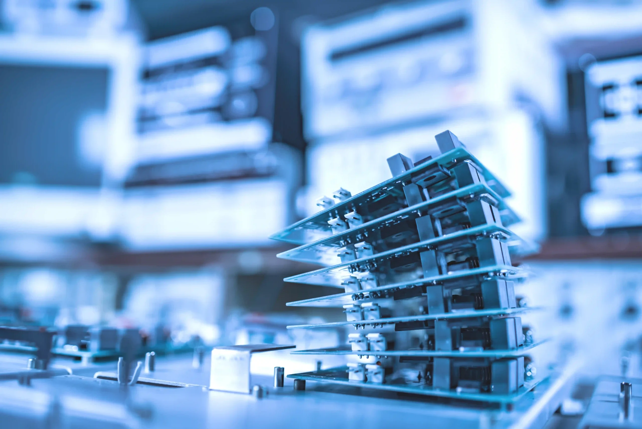 Close-up of stacked microchips representing the technology behind advanced inventory systems.