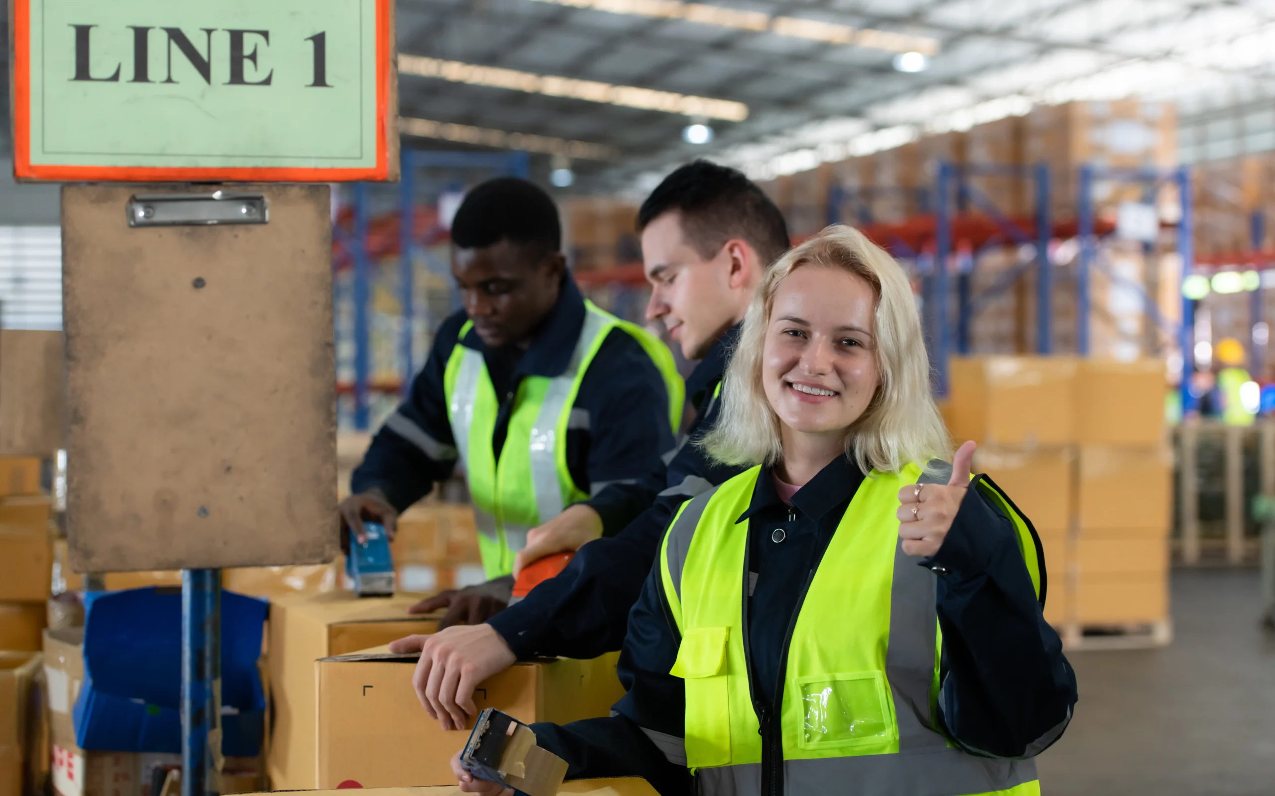 Smiling worker giving a thumbs up while packing products in a duty-free warehouse assembly line.