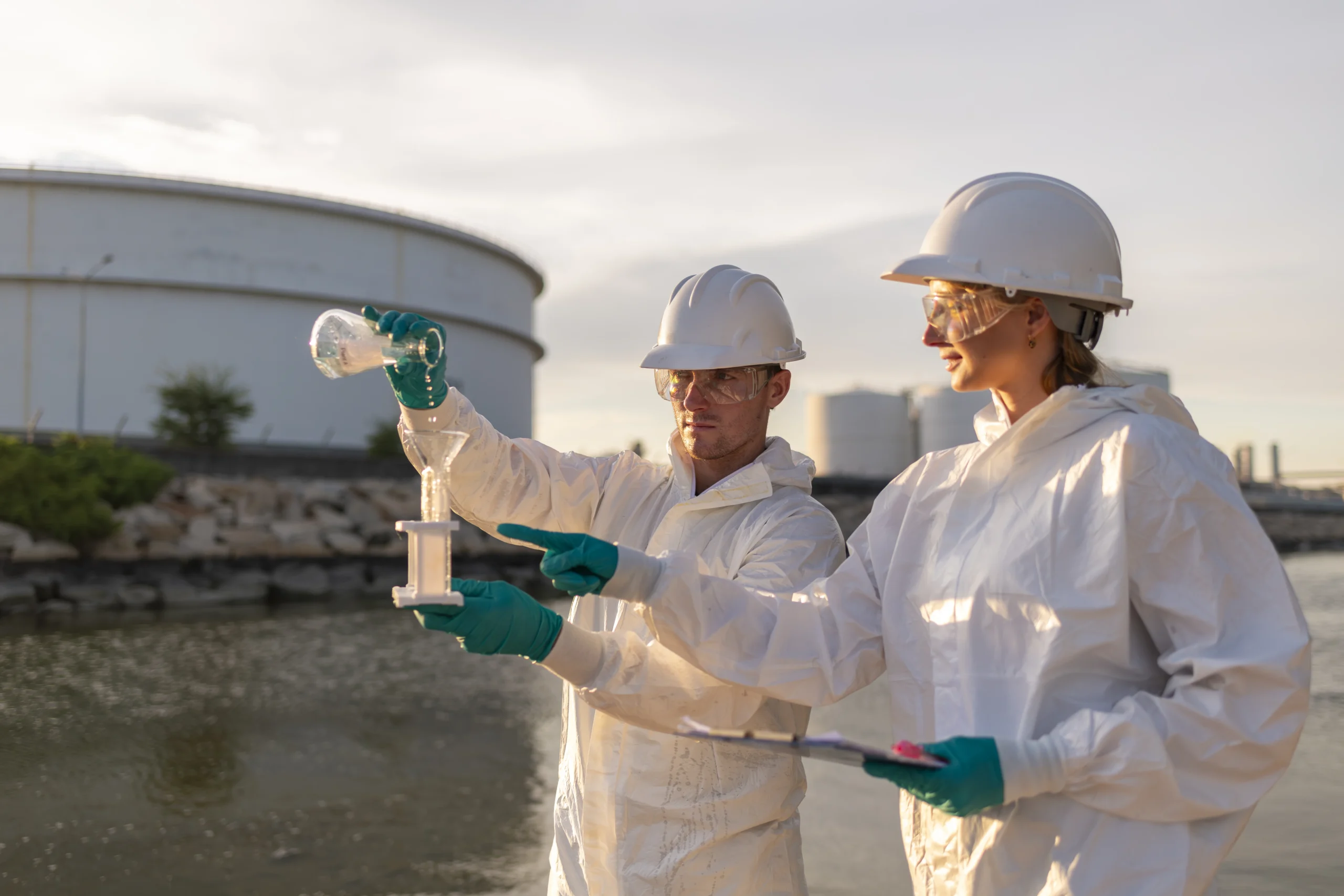 Scientist wearing protective gloves and suit while examining water samples in front of a storage tank facility.