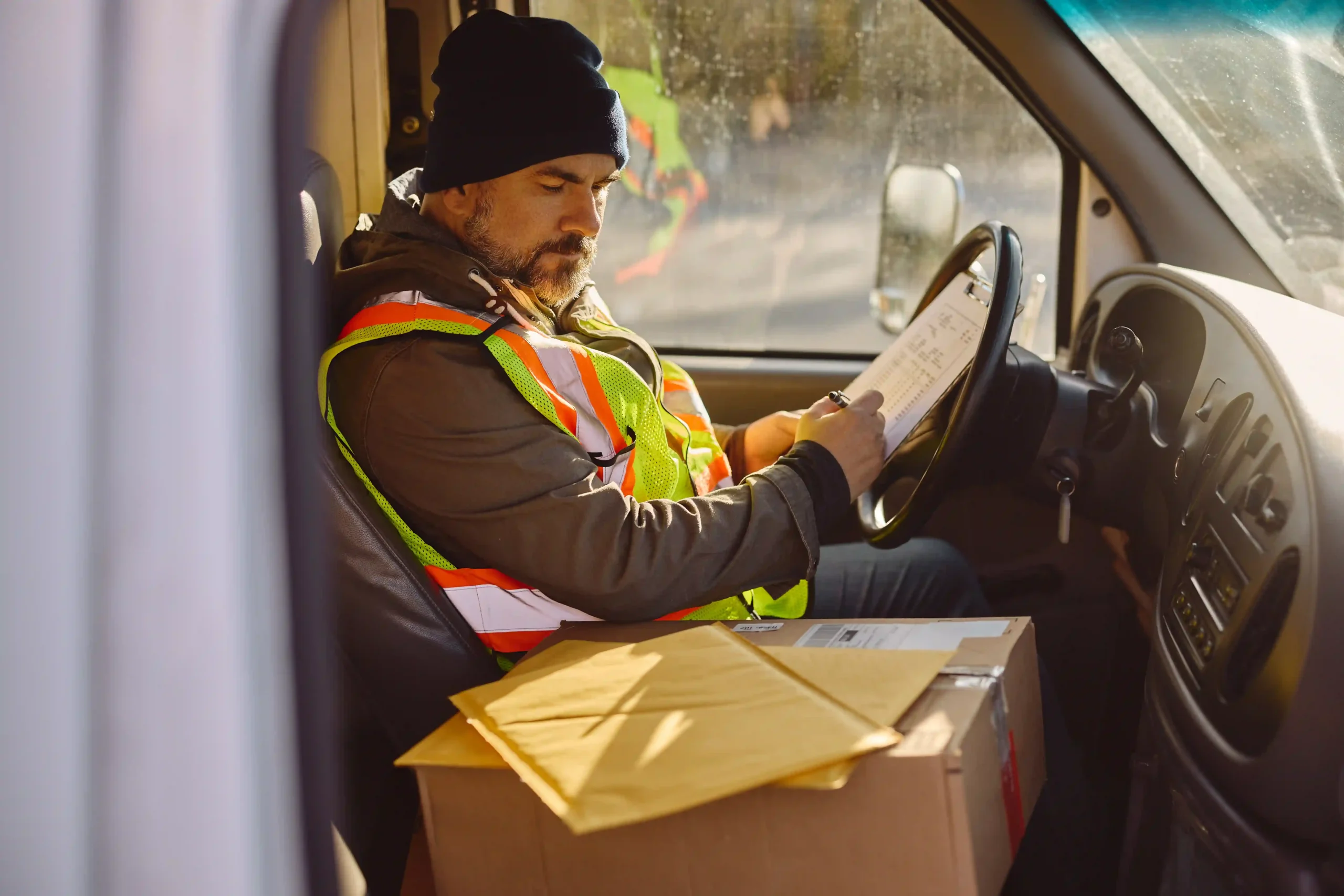 A last-mile delivery driver reviewing a shipment list inside a delivery truck with packages.
