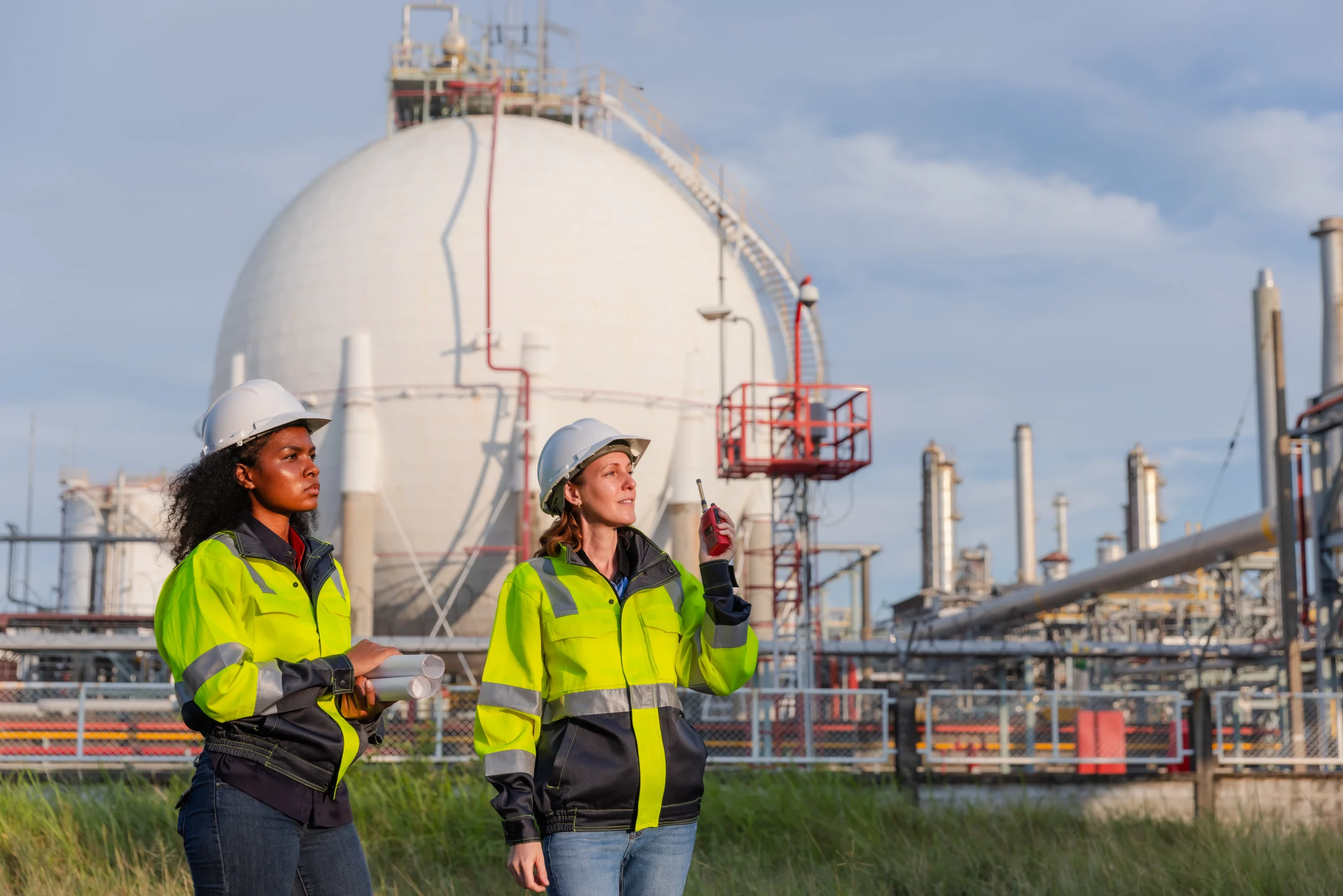 Two female engineers in high-visibility jackets inspecting an industrial site with storage tanks in the background.