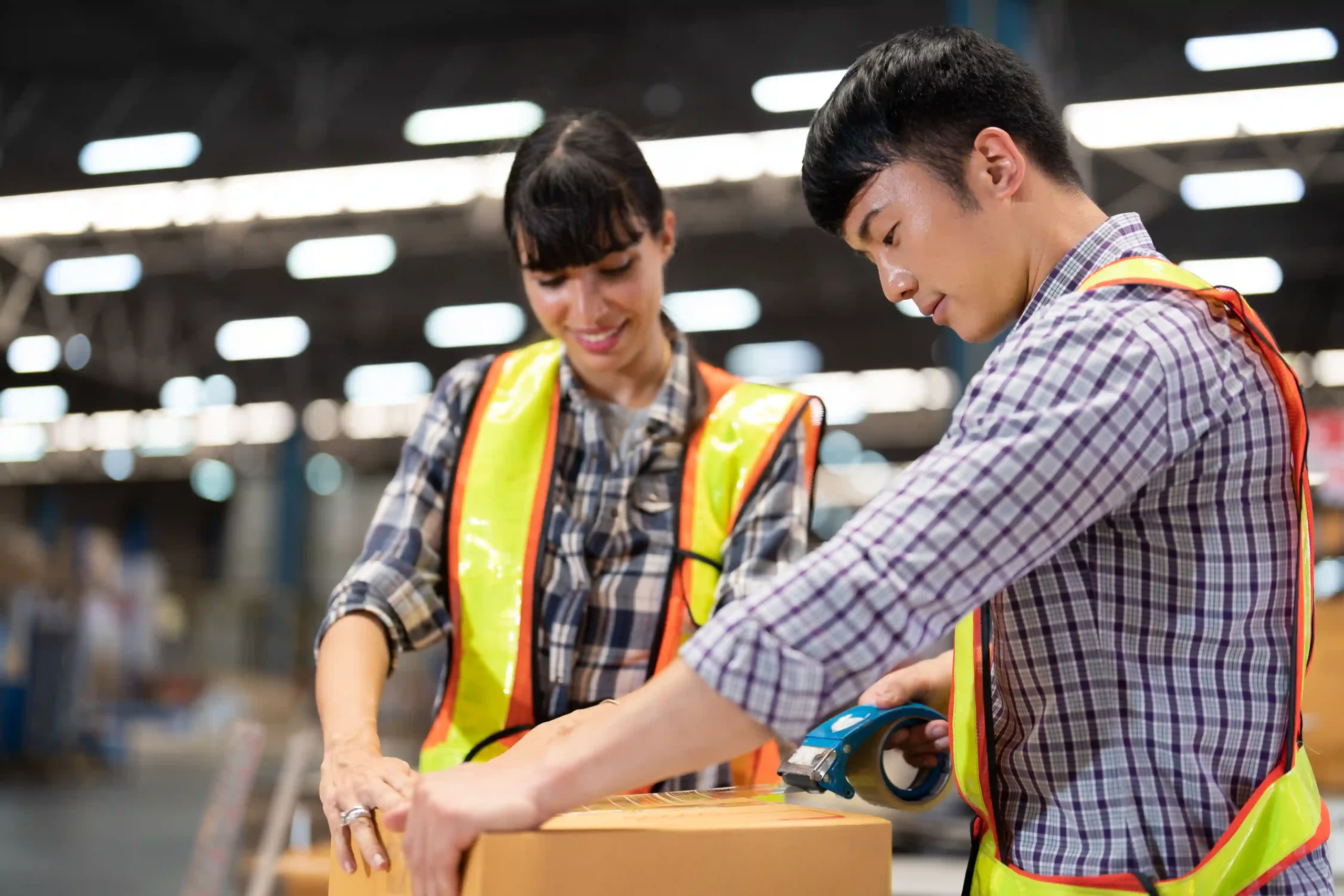 Warehouse employees packing inventory efficiently using small warehouse storage solutions.
