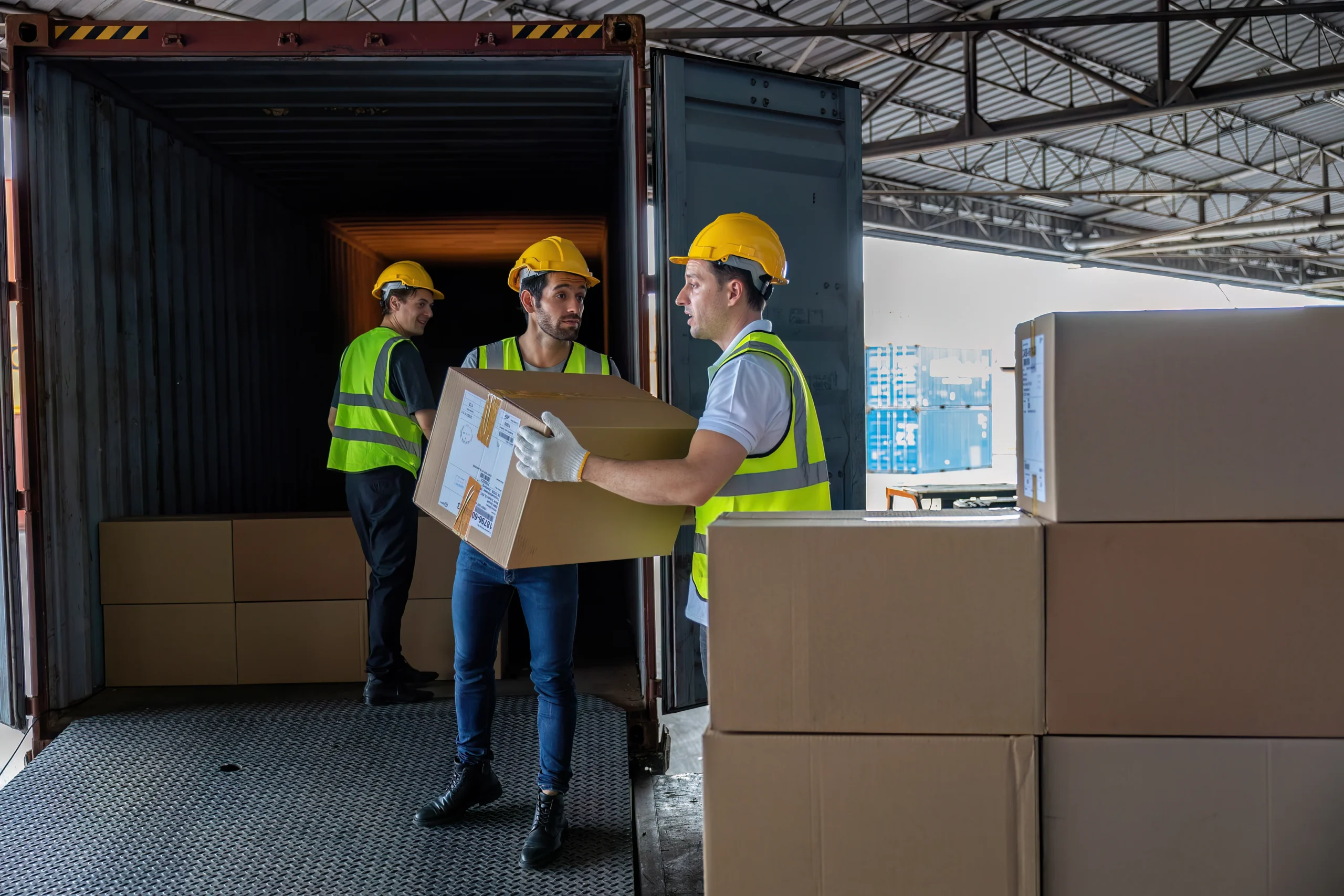 Warehouse workers unloading boxes from a truck during a cross-docking operation, highlighting labor-intensive processes and logistical challenges.