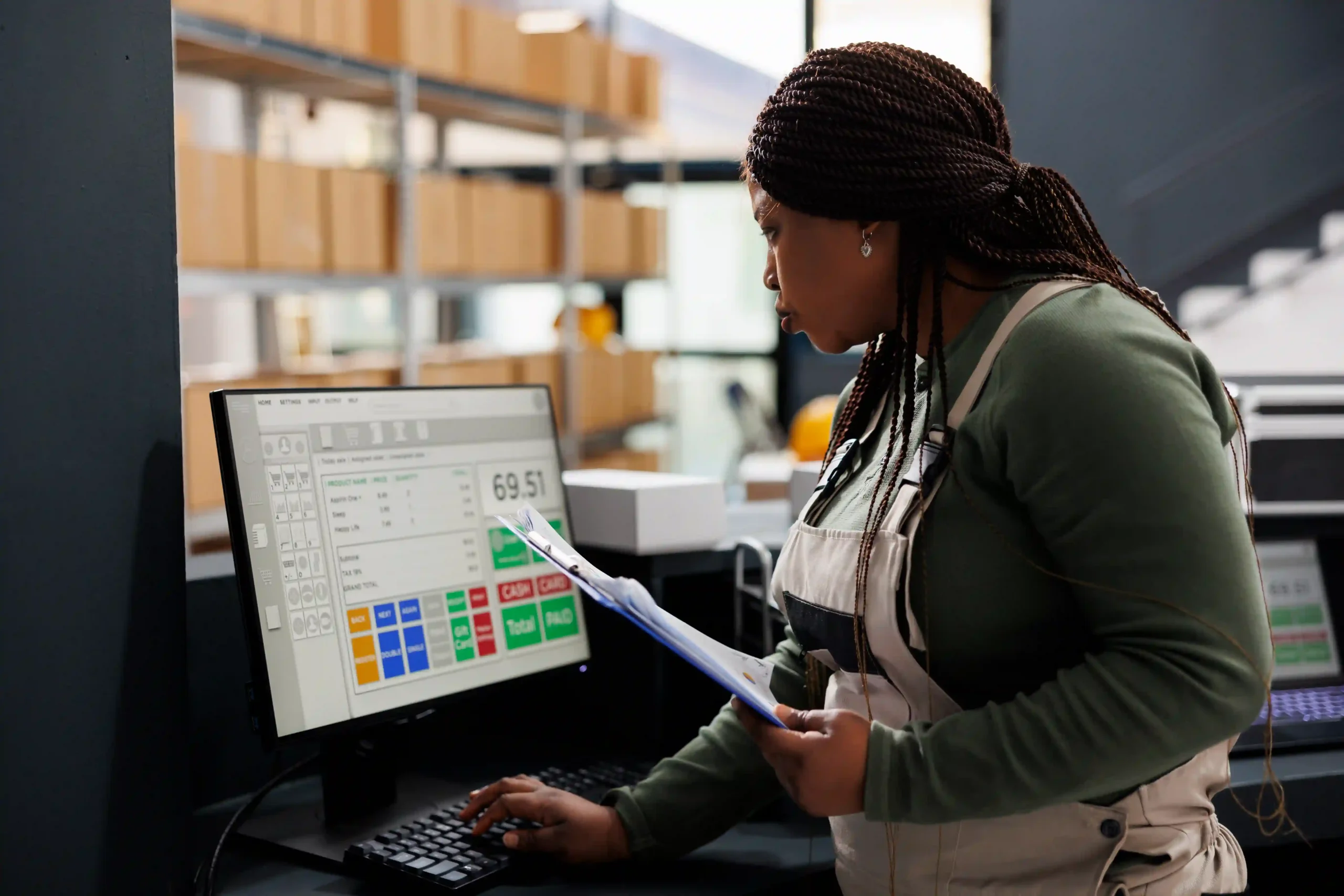 Employee reviewing real-time inventory reports on a digital inventory management system list.