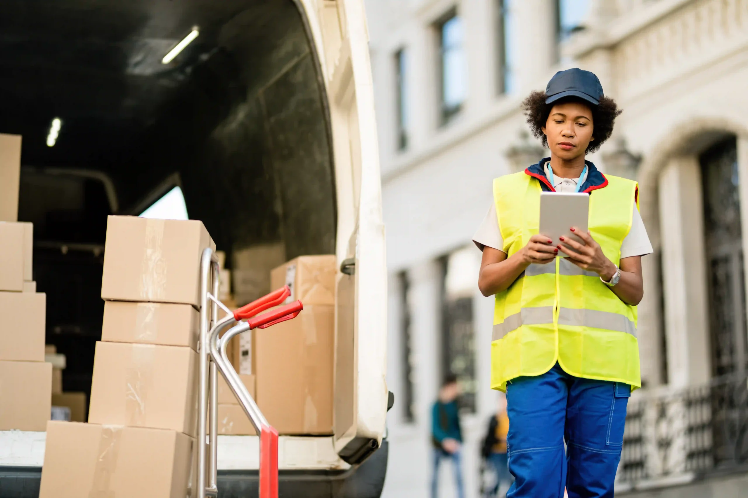 A female courier in a safety vest using a tablet to manage transport contract work for efficient last-mile delivery services.