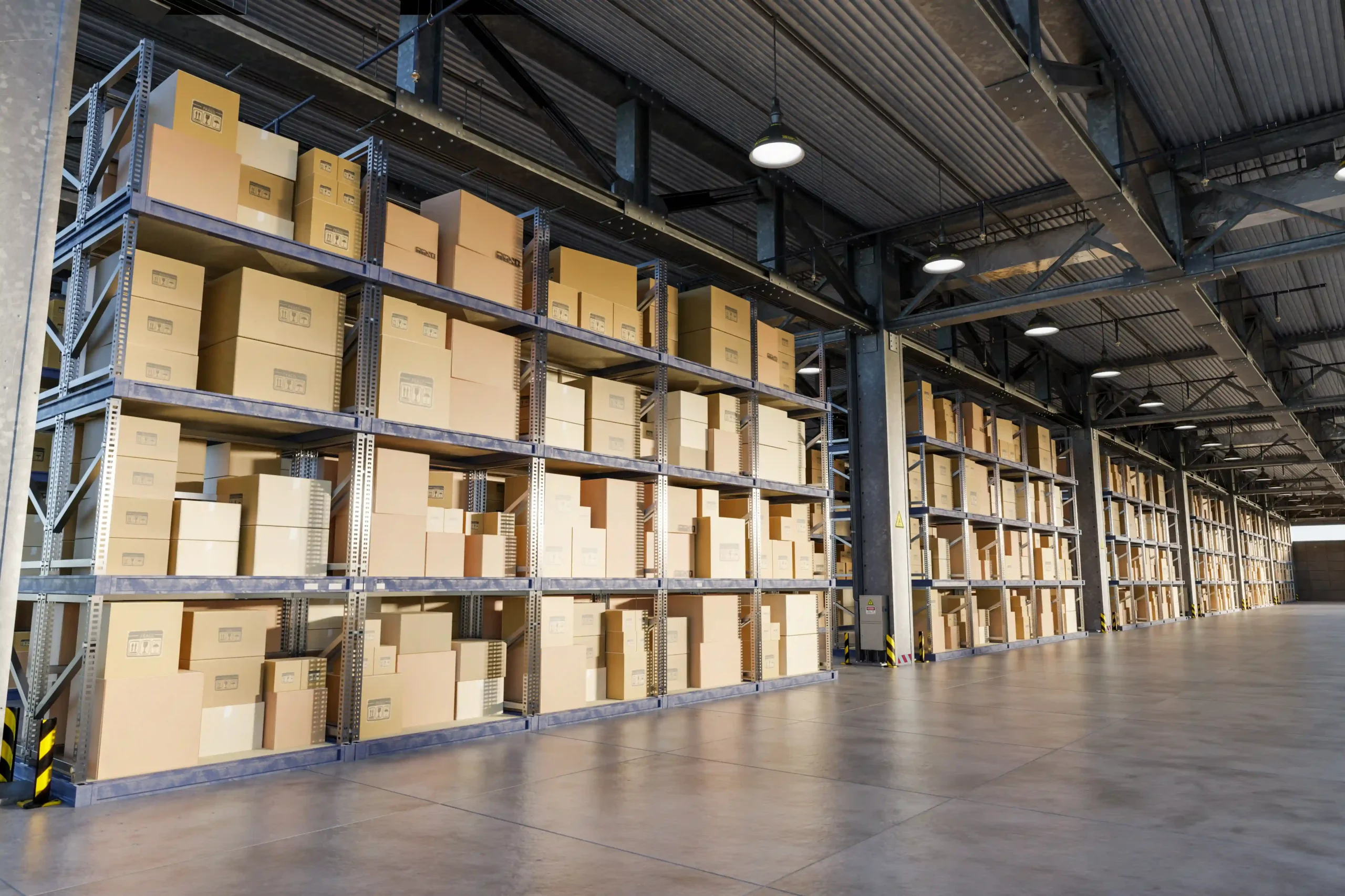 Organized warehouse shelves stacked with boxes, demonstrating effective small warehouse storage solutions.