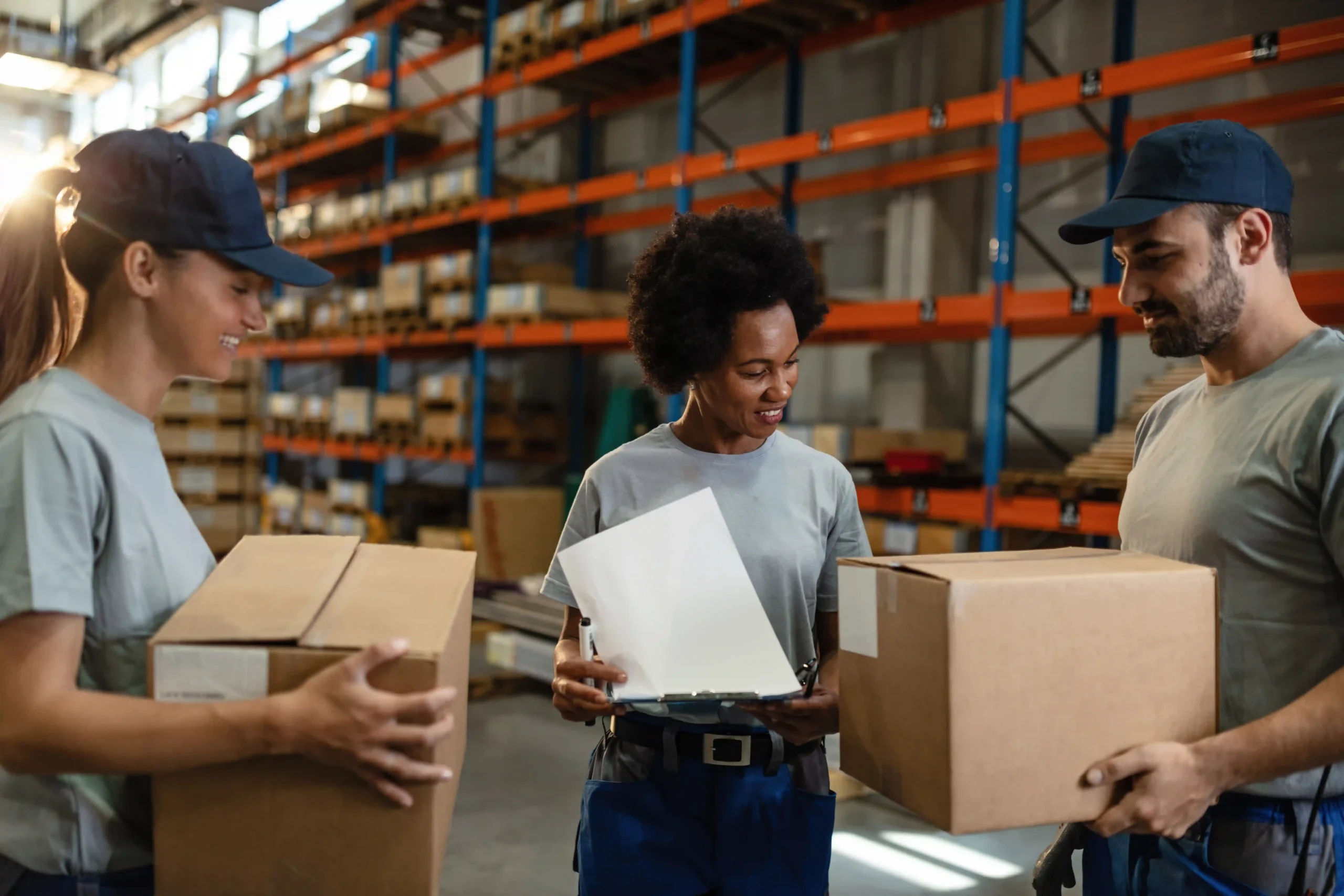A team of warehouse employees inspecting and organizing packages as part of a universal contract logistics operation.