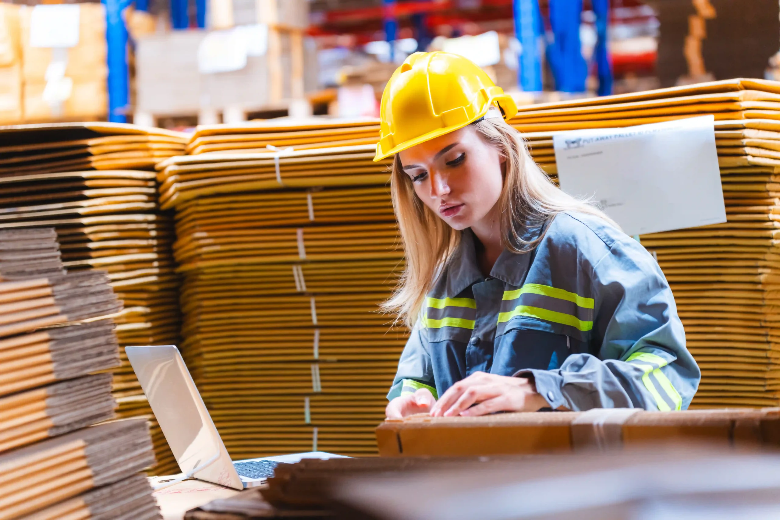 A female warehouse worker in a high-visibility jacket and hard hat reviewing inventory data on a laptop, surrounded by stacked packaging materials in a well-organized storage facility.