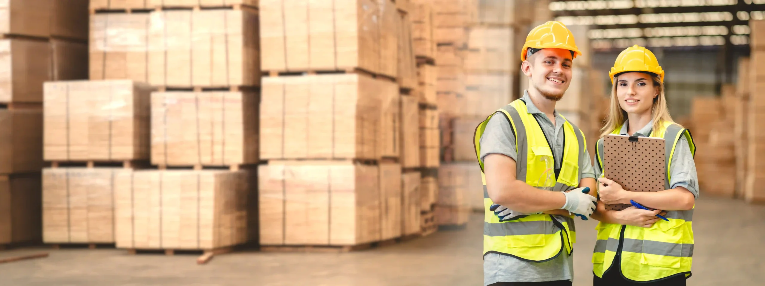 Two warehouse employees in safety gear standing in front of neatly stacked pallets, representing efficient storage solutions for warehouse operations.