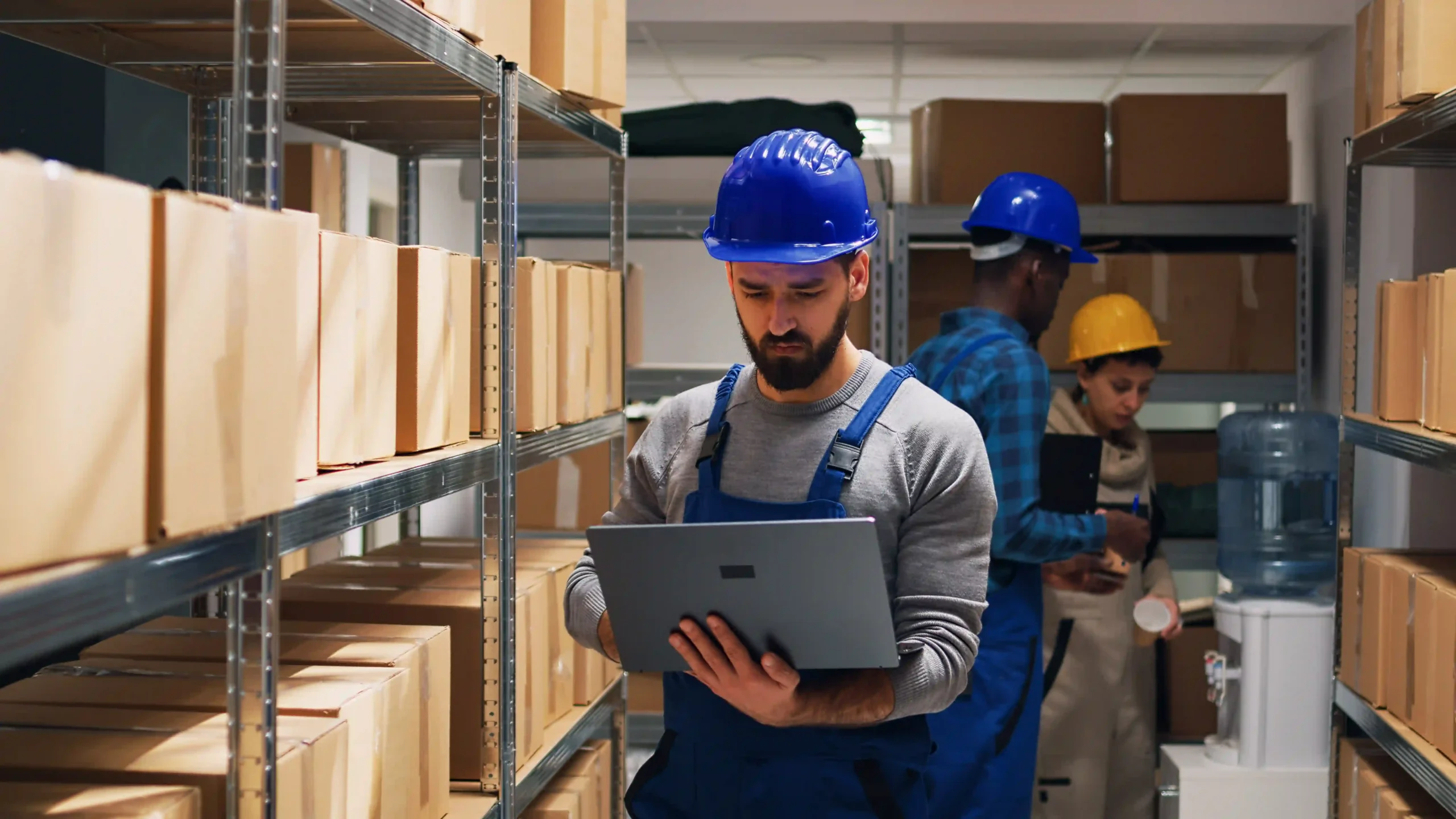 Warehouse worker using a laptop to track stock, demonstrating an inventory management system use case for real-time inventory updates.