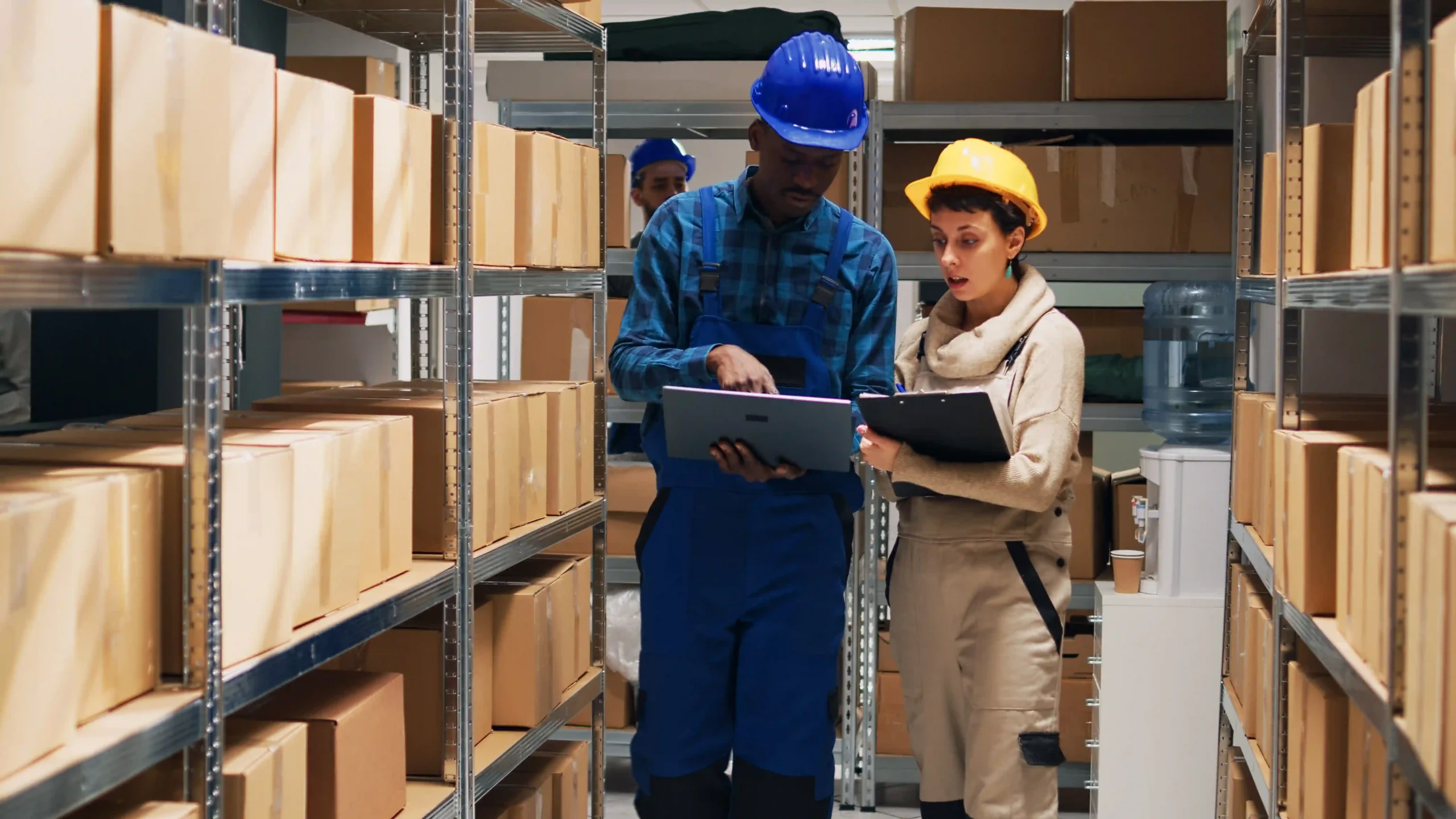 Team of warehouse workers using an inventory management system list to track and organize stock.
