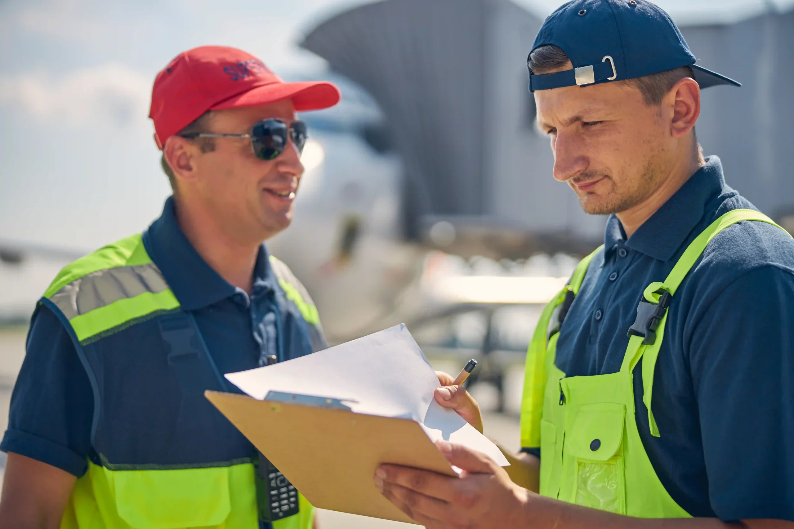 Logistics professional reviewing a customs annual report at an airport freight terminal to ensure accurate shipment records.