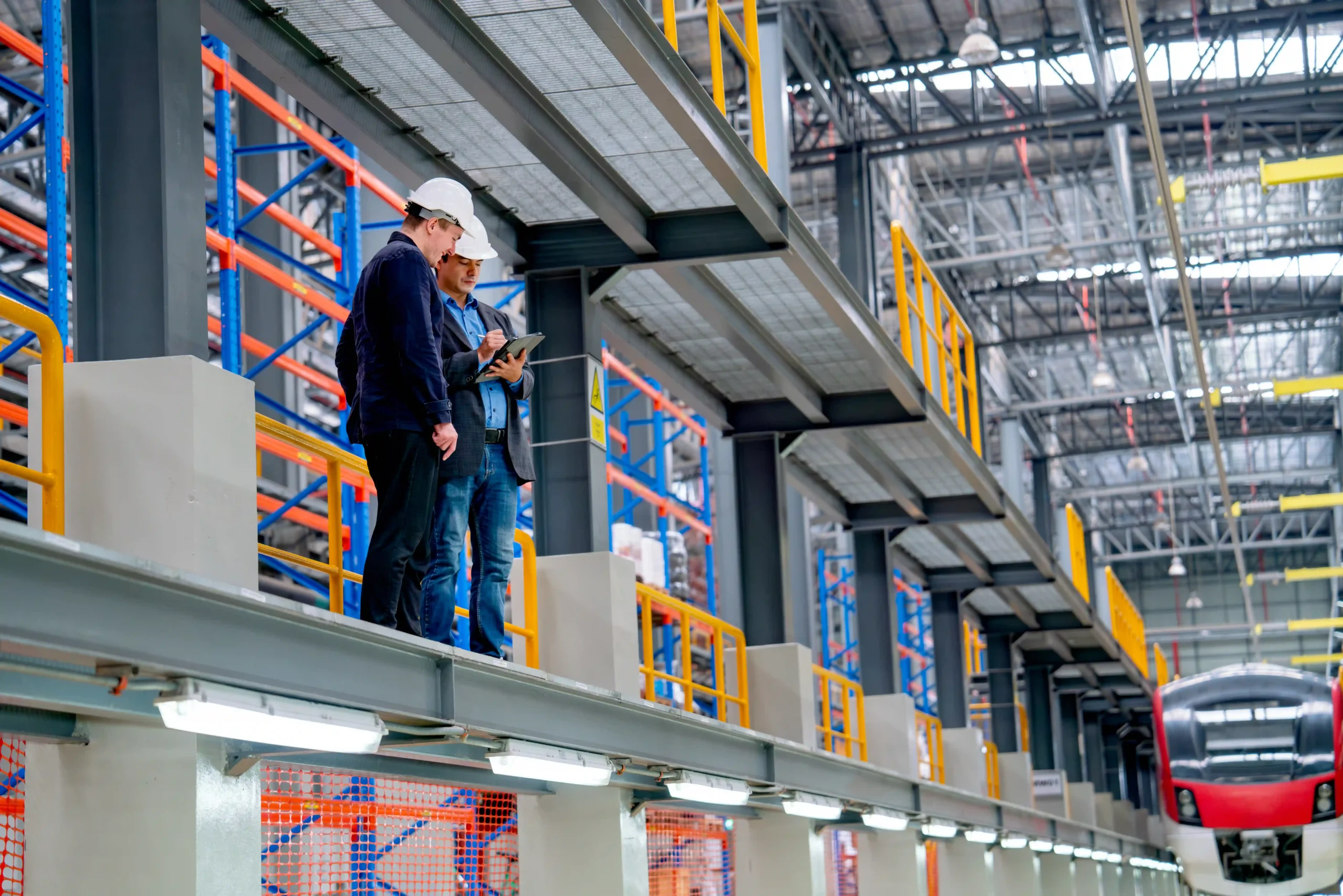 Professional engineers inspecting warehouse vertical storage solutions with advanced mezzanine structures and automated systems.