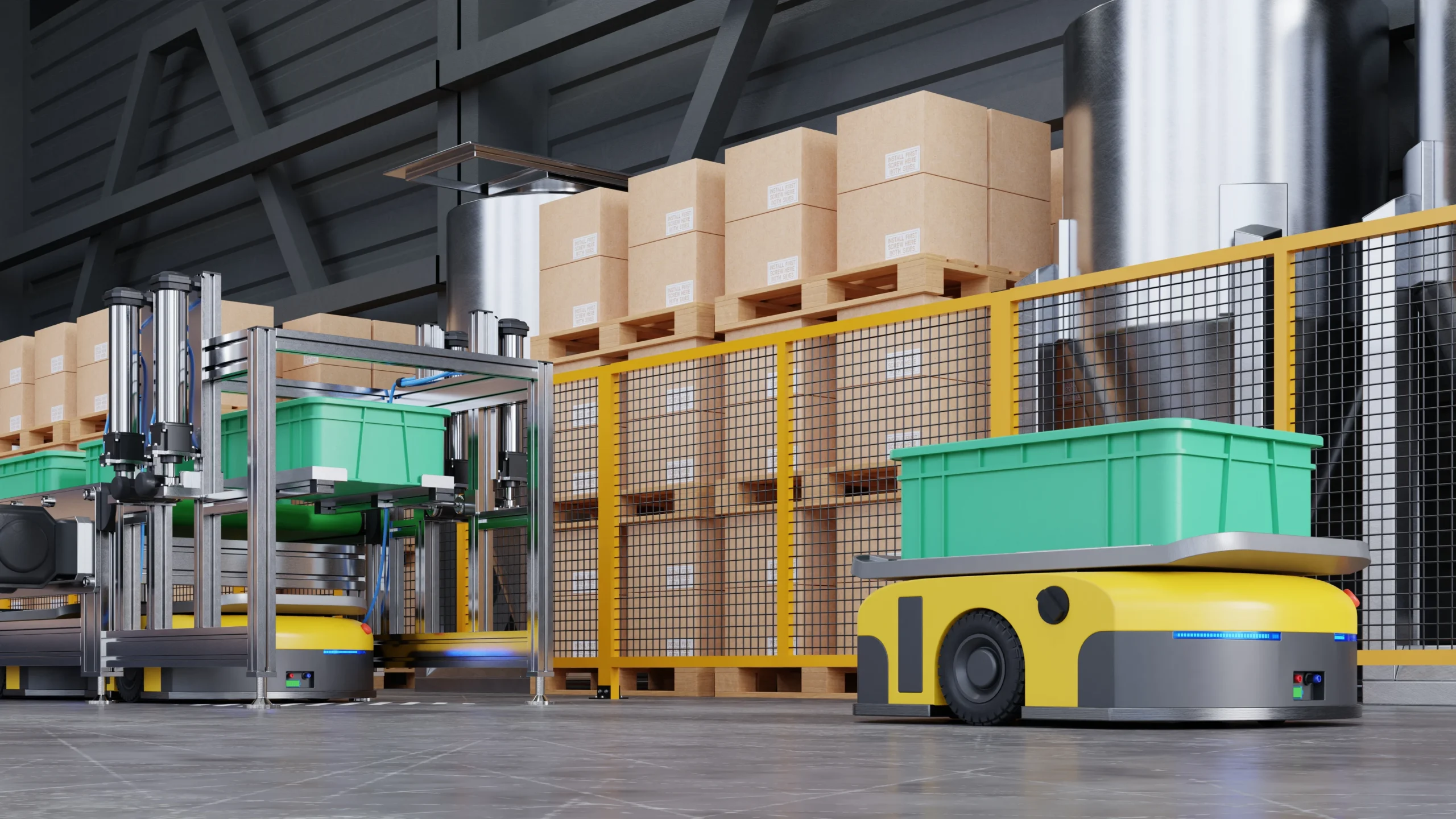 Automated robots sorting and transporting parcels in a cross docking distribution center, enhancing supply chain efficiency.