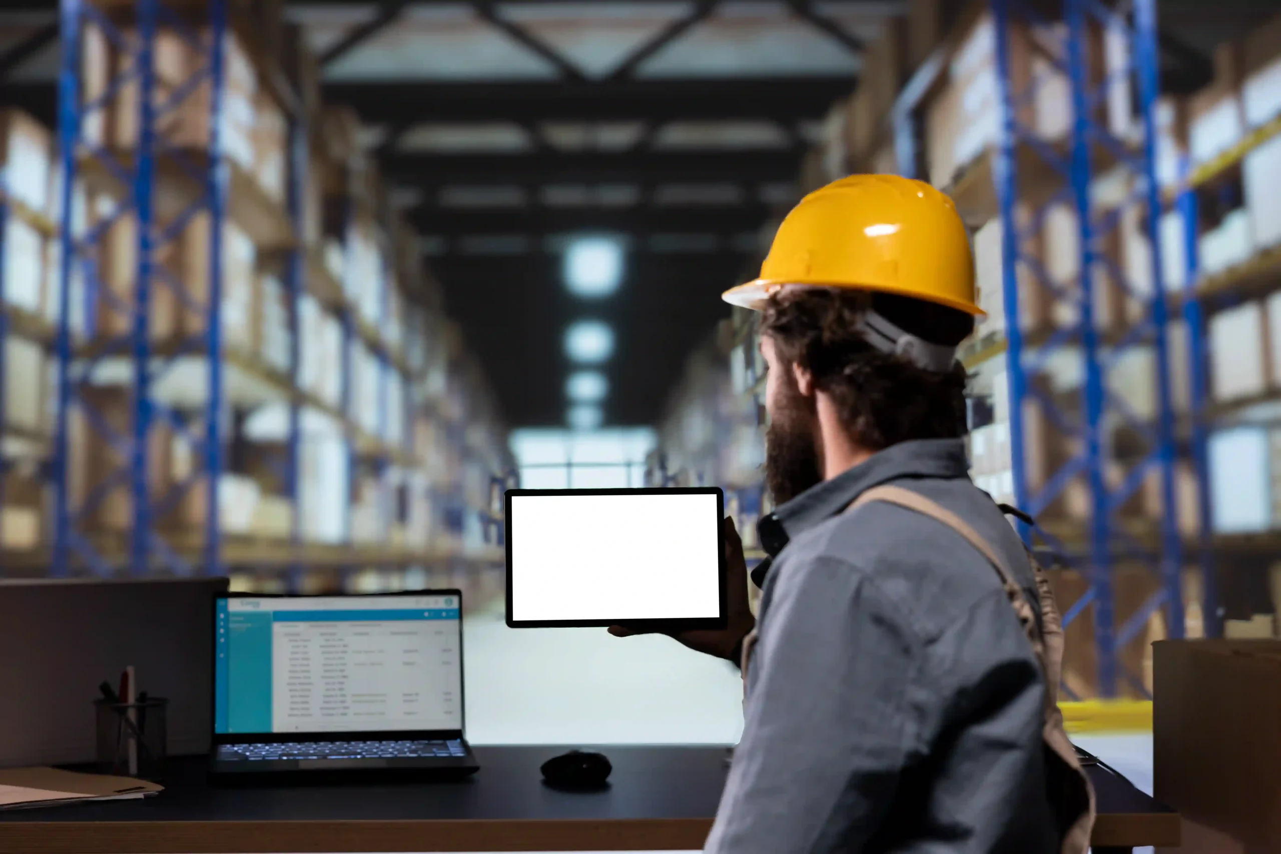 A stock manager using a tablet for warehouse operations, showcasing how a warehouse management system questionnaire helps in selecting the right digital tools for logistics management.