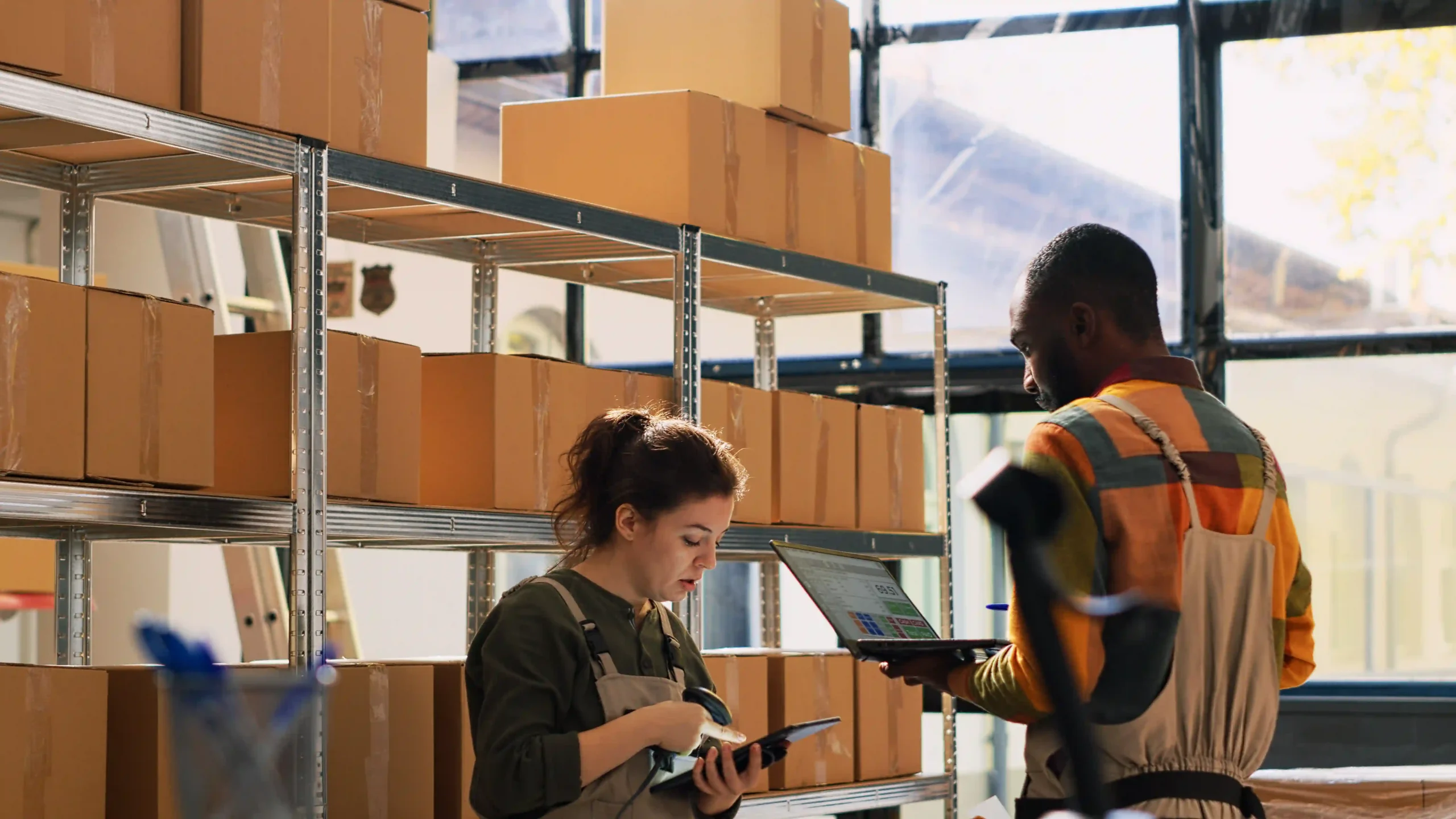 Logistics team verifying product data with cross docking software in a warehouse storage facility.