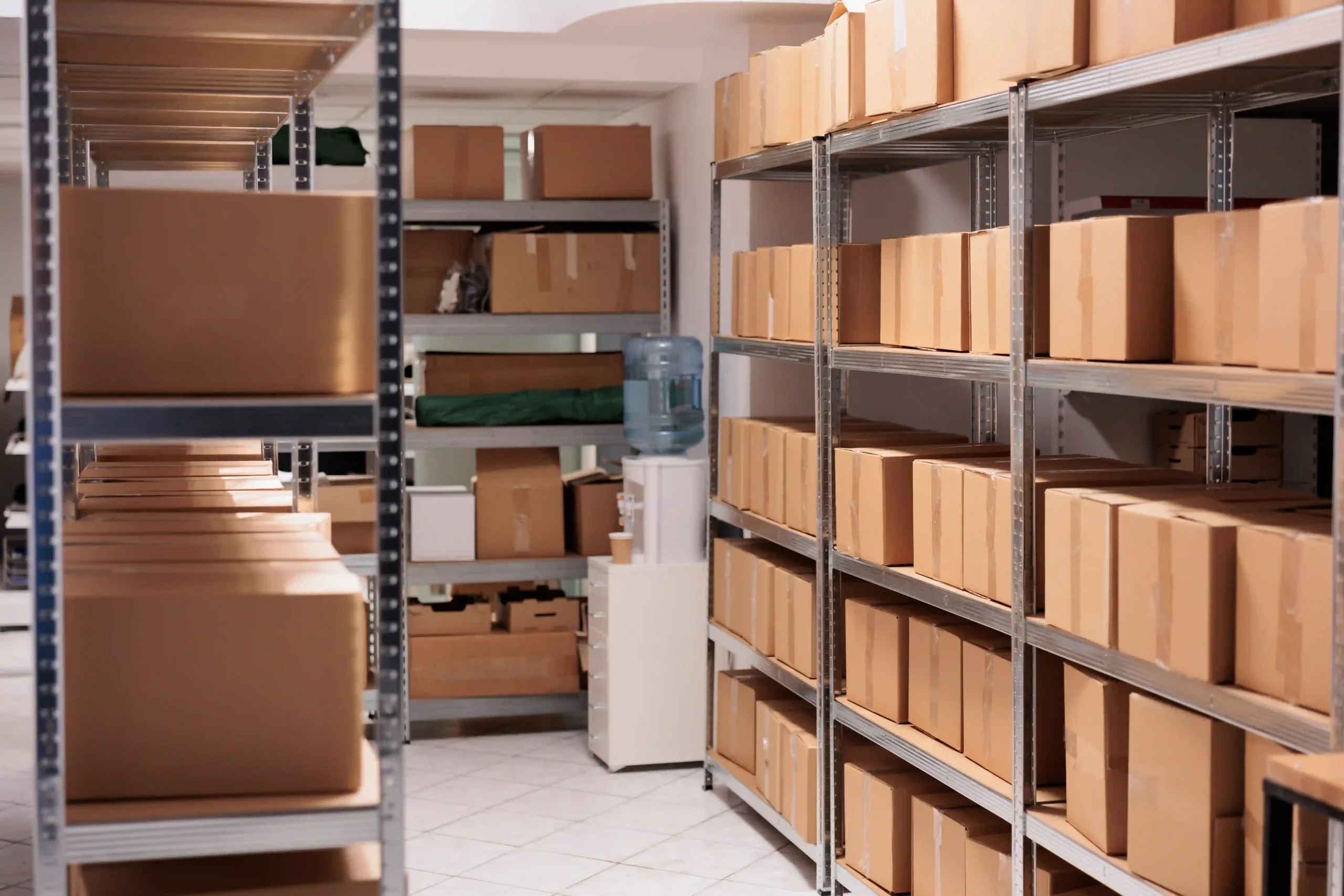 Small warehouse interior with neatly stacked boxes, showcasing strategic storage solutions for limited space.