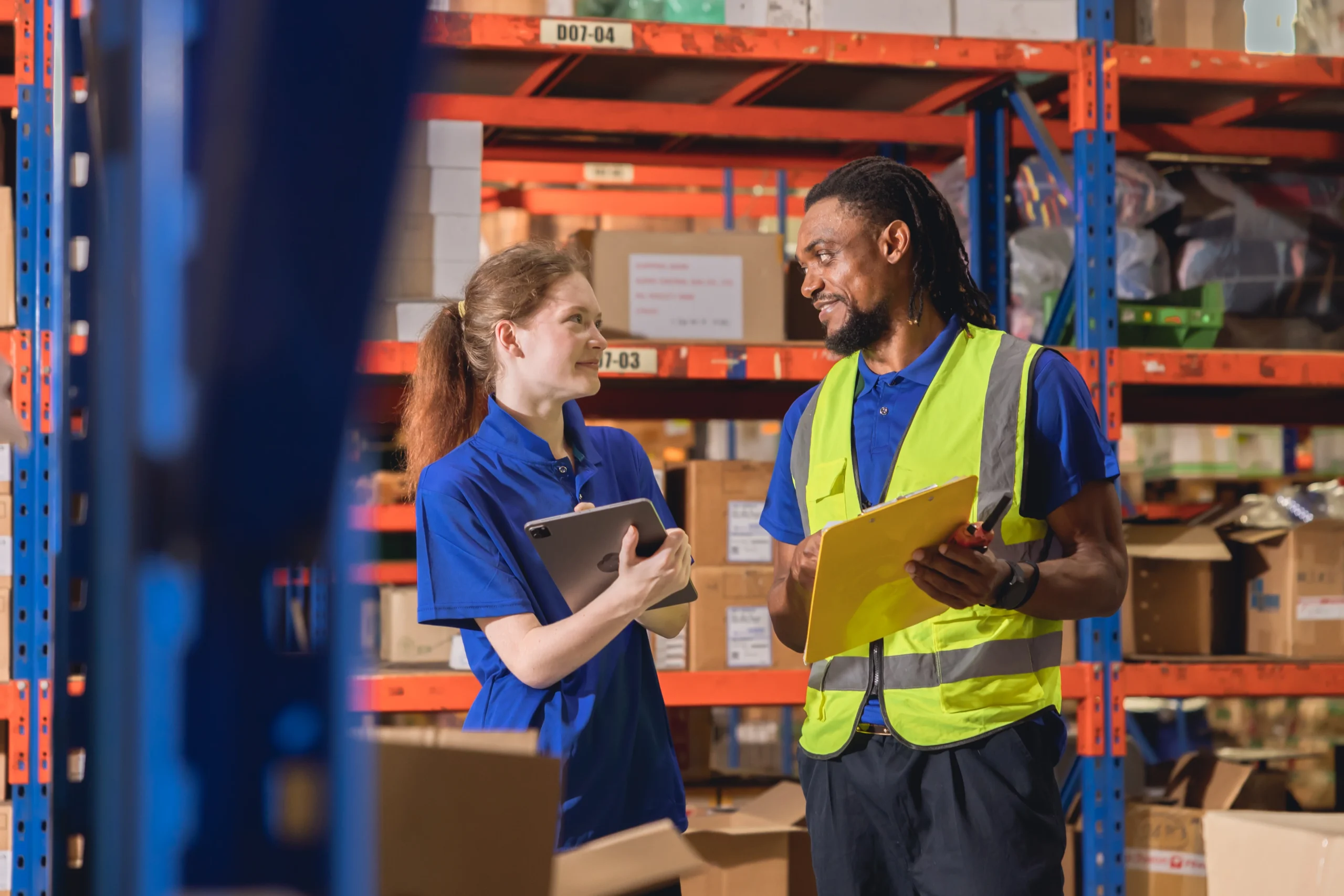 Warehouse employees discussing inventory management, emphasizing the necessity for effective supplier communication in cross-docking.