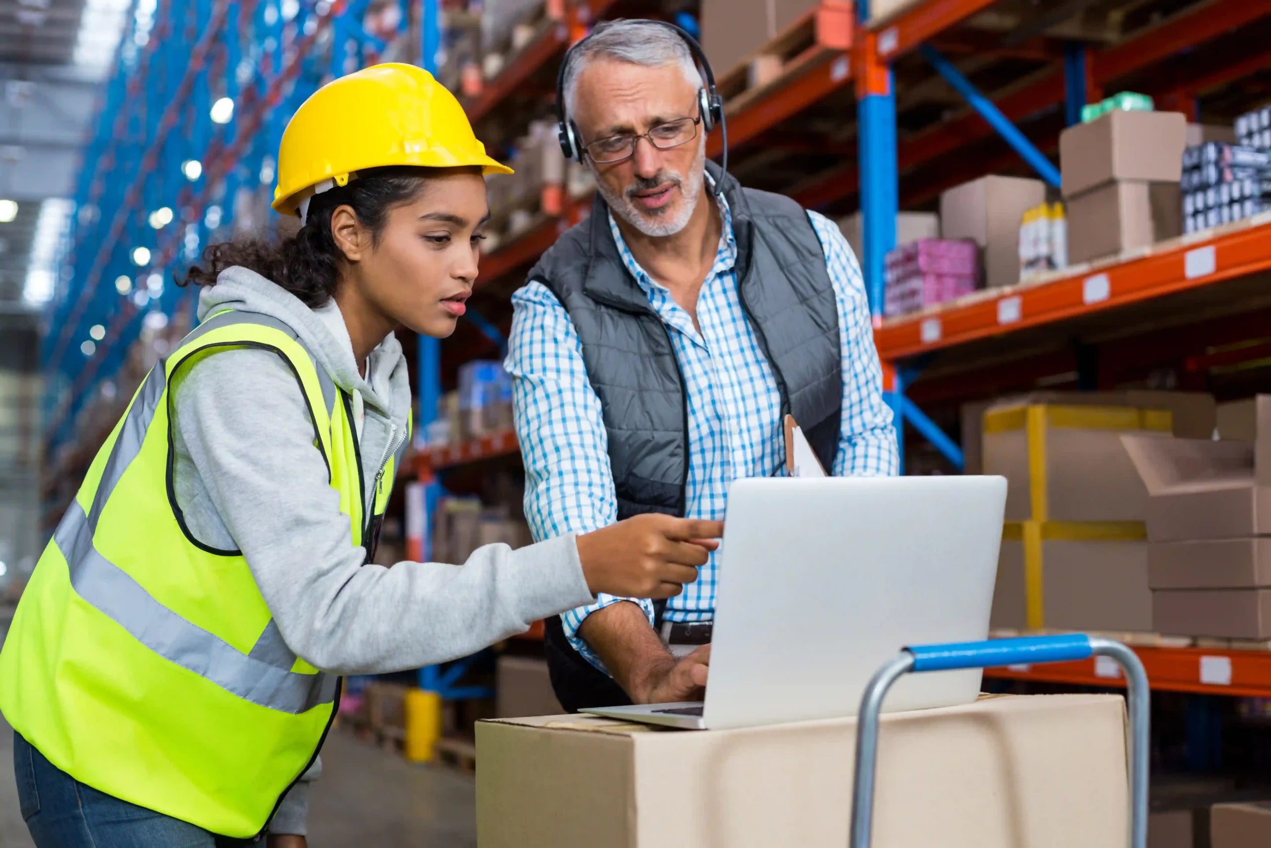 Warehouse manager and worker using a laptop to manage inventory and shipments with cross docking software.