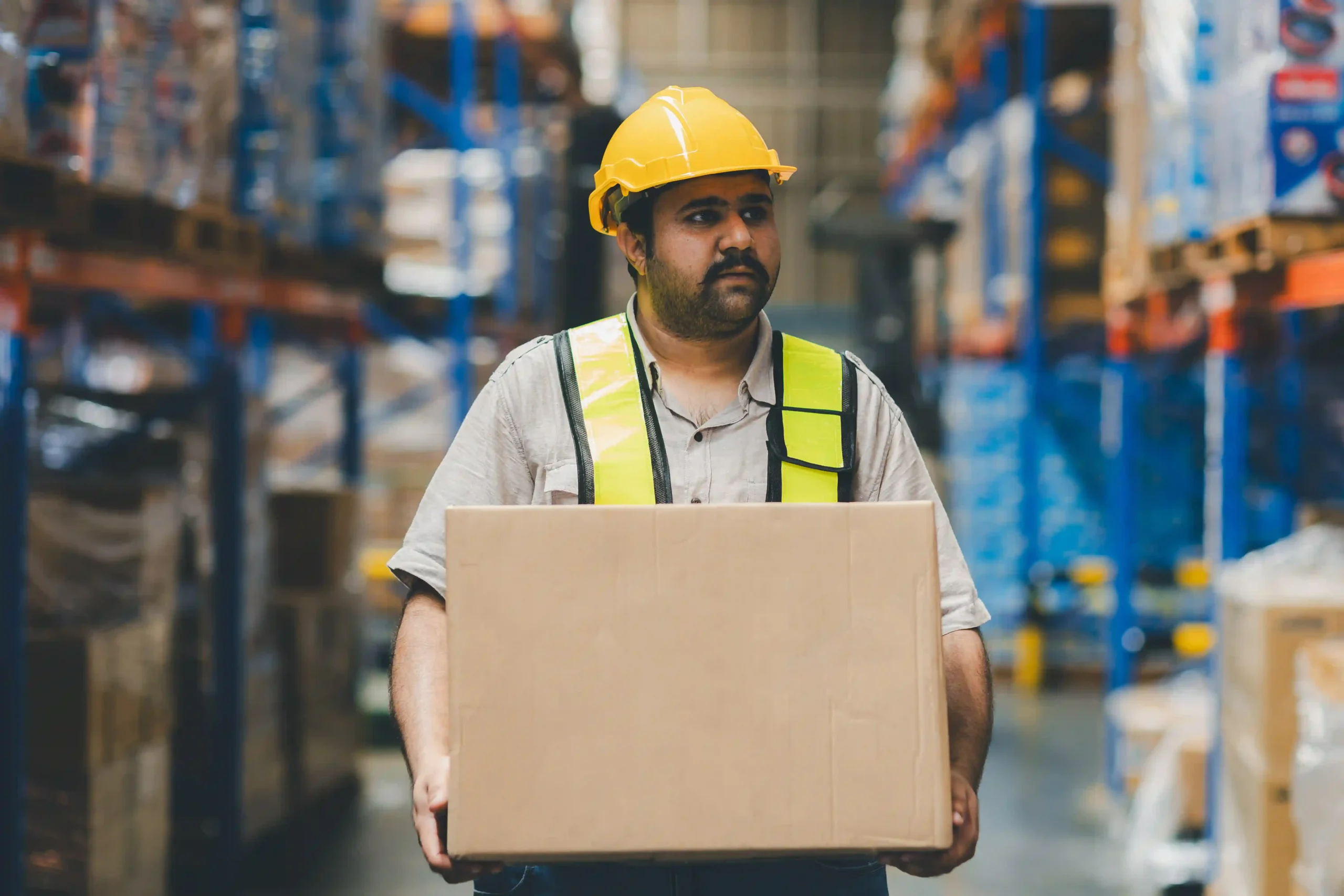 A warehouse worker efficiently transporting inventory, implementing small warehouse storage solutions.