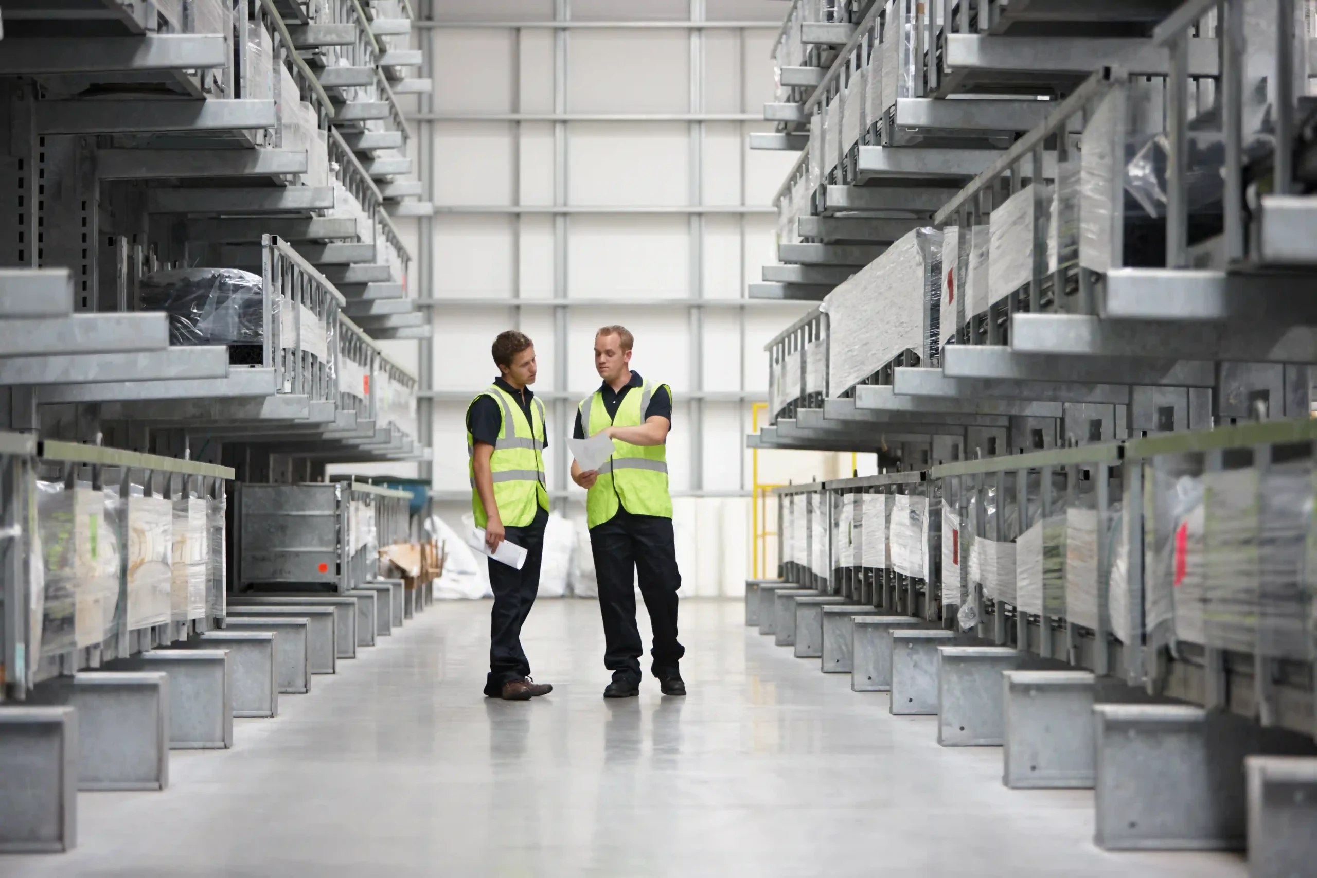 Warehouse workers in a modern facility using advanced warehouse vertical storage solutions for optimized logistics.