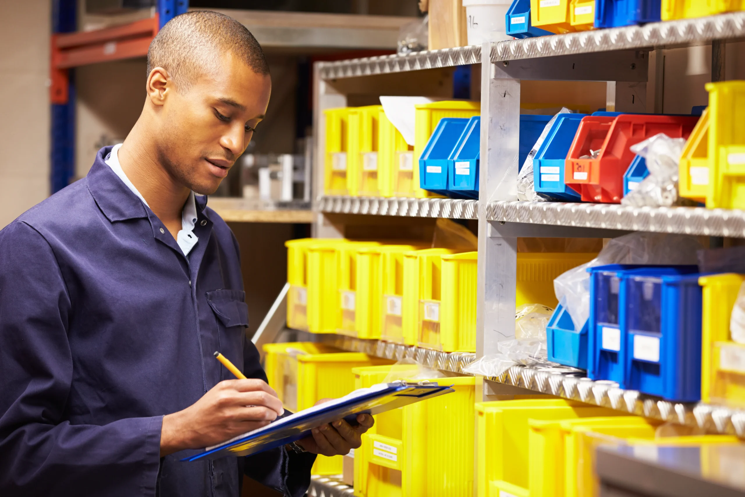A worker in a storage room using an inventory management system journal to track and manage stock levels for efficient supply chain operations.