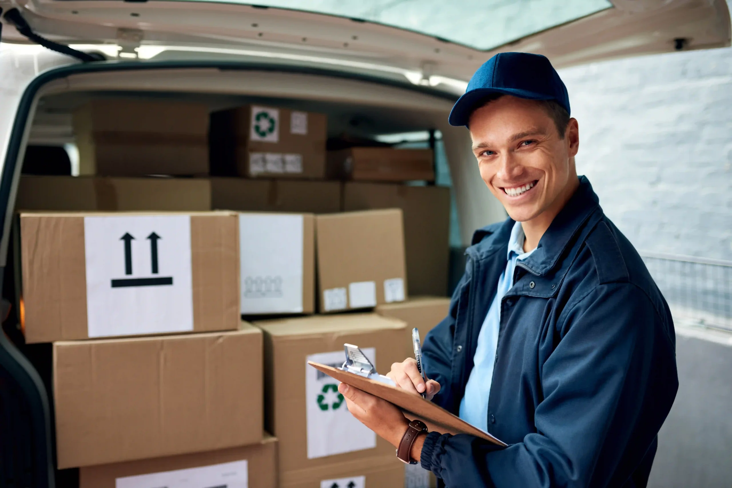 A delivery professional ensuring package accuracy with a pick and ship service before dispatch.