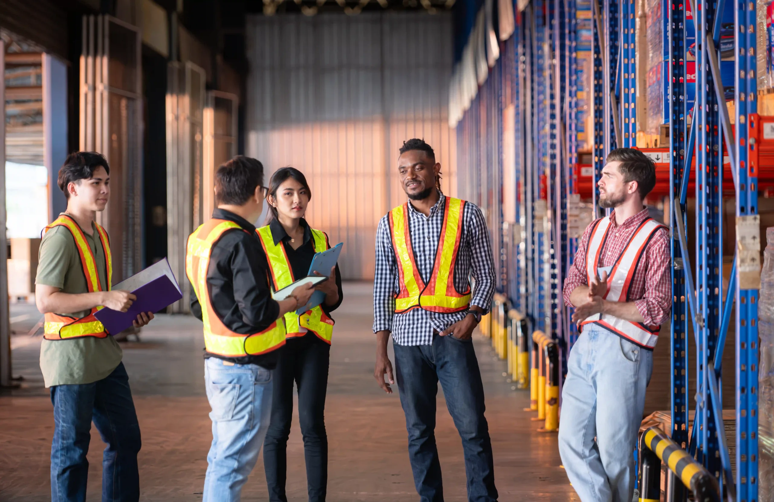 A group of warehouse employees discussing logistics and product inspection as part of a supply chain optimization training session.