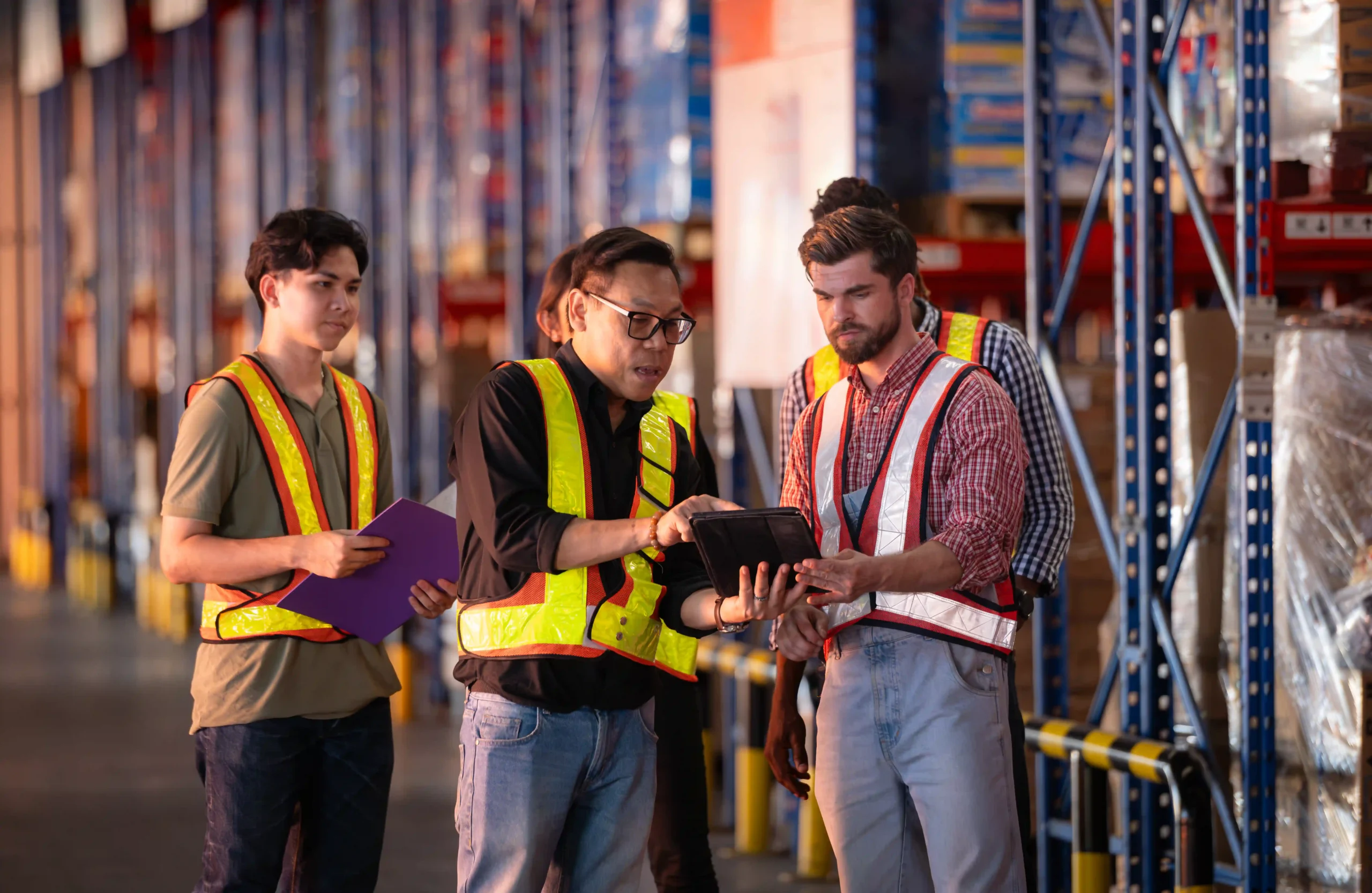 A warehouse team leader demonstrating supply chain optimization training techniques using a tablet to improve logistics efficiency.