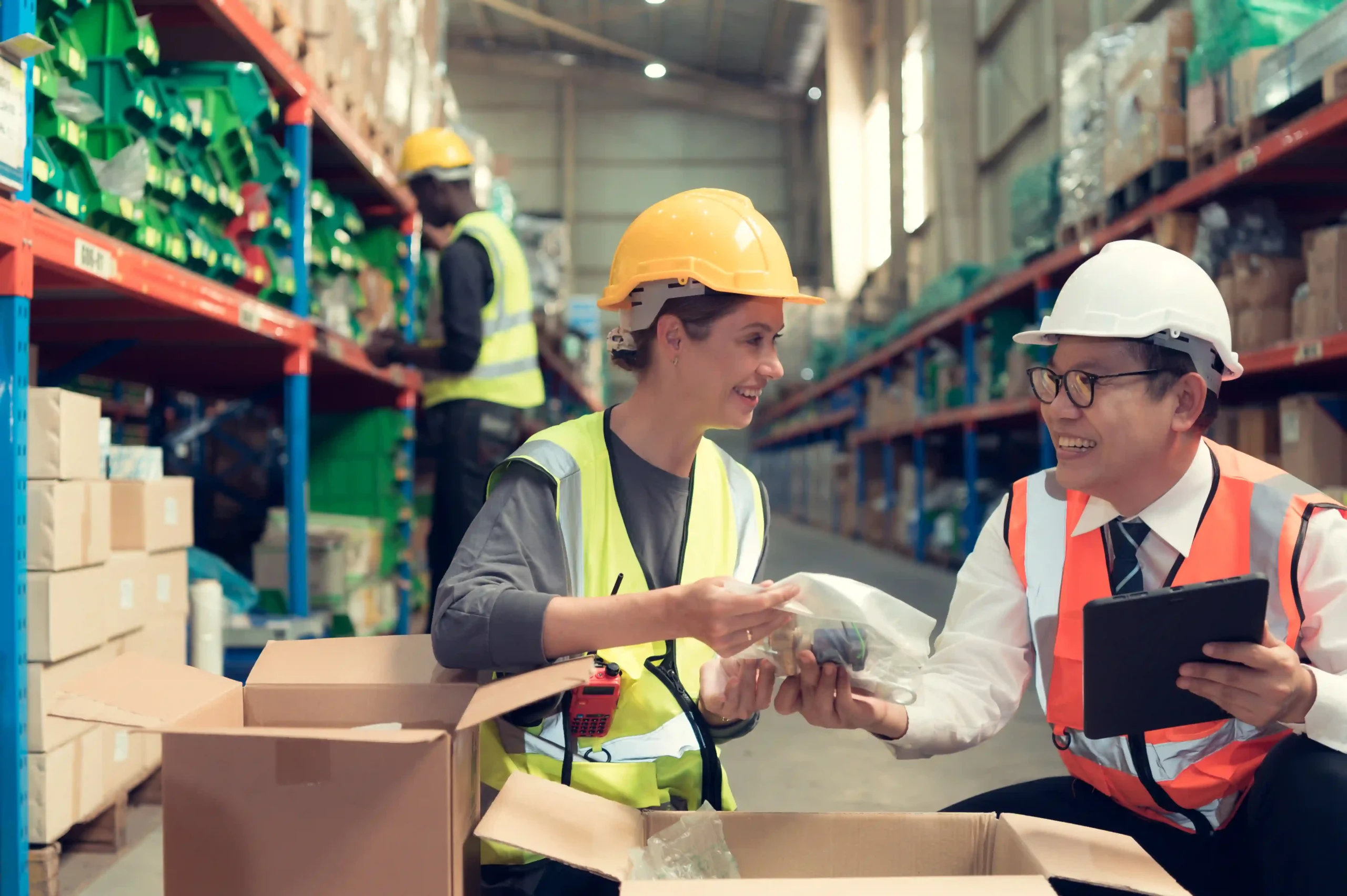 Warehouse employees inspecting product packaging to ensure quality control, a key aspect of supply chain optimization meaning.