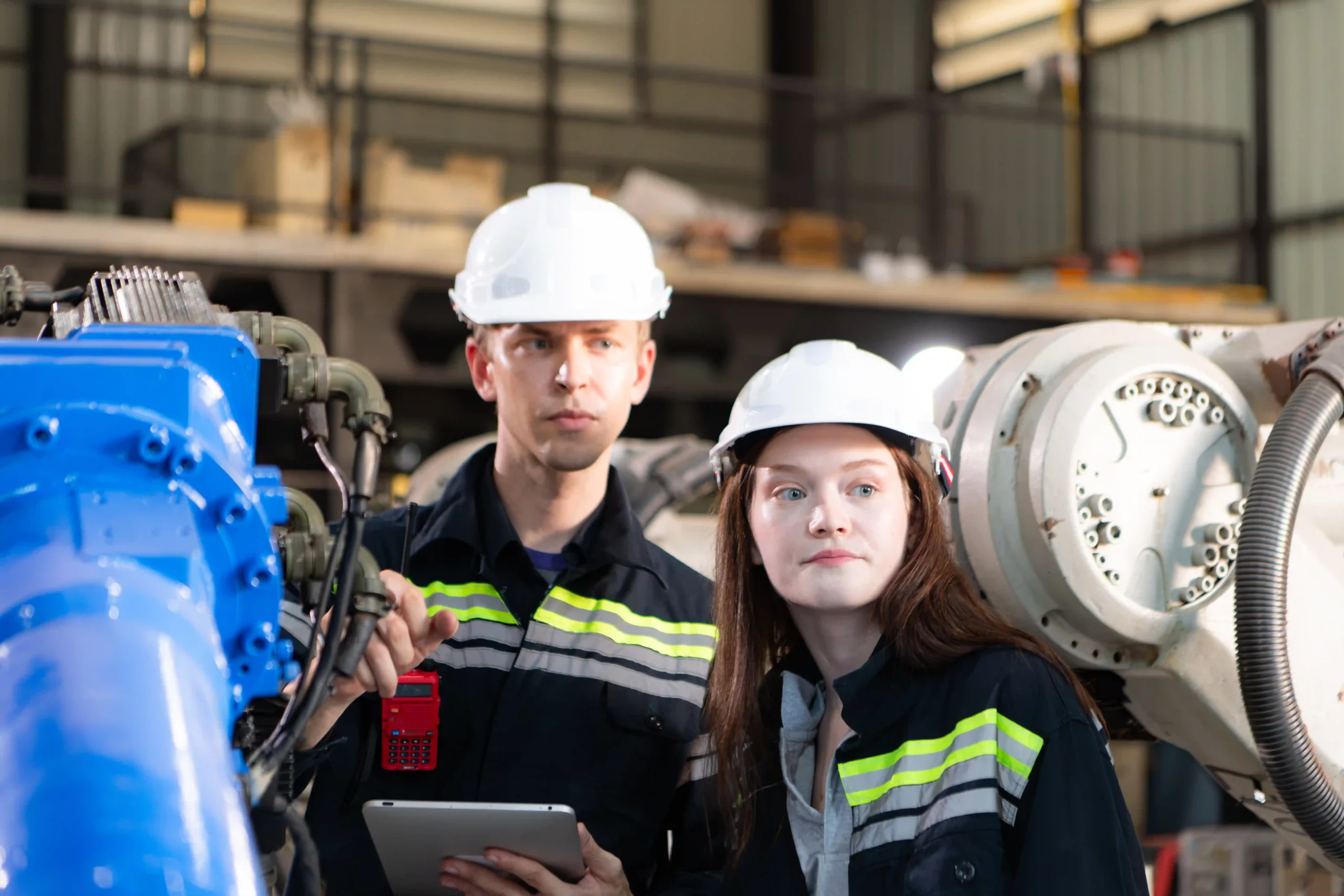 Two engineers in protective gear inspecting industrial robotic equipment, ensuring compliance with strict regulations in high regulated industries.