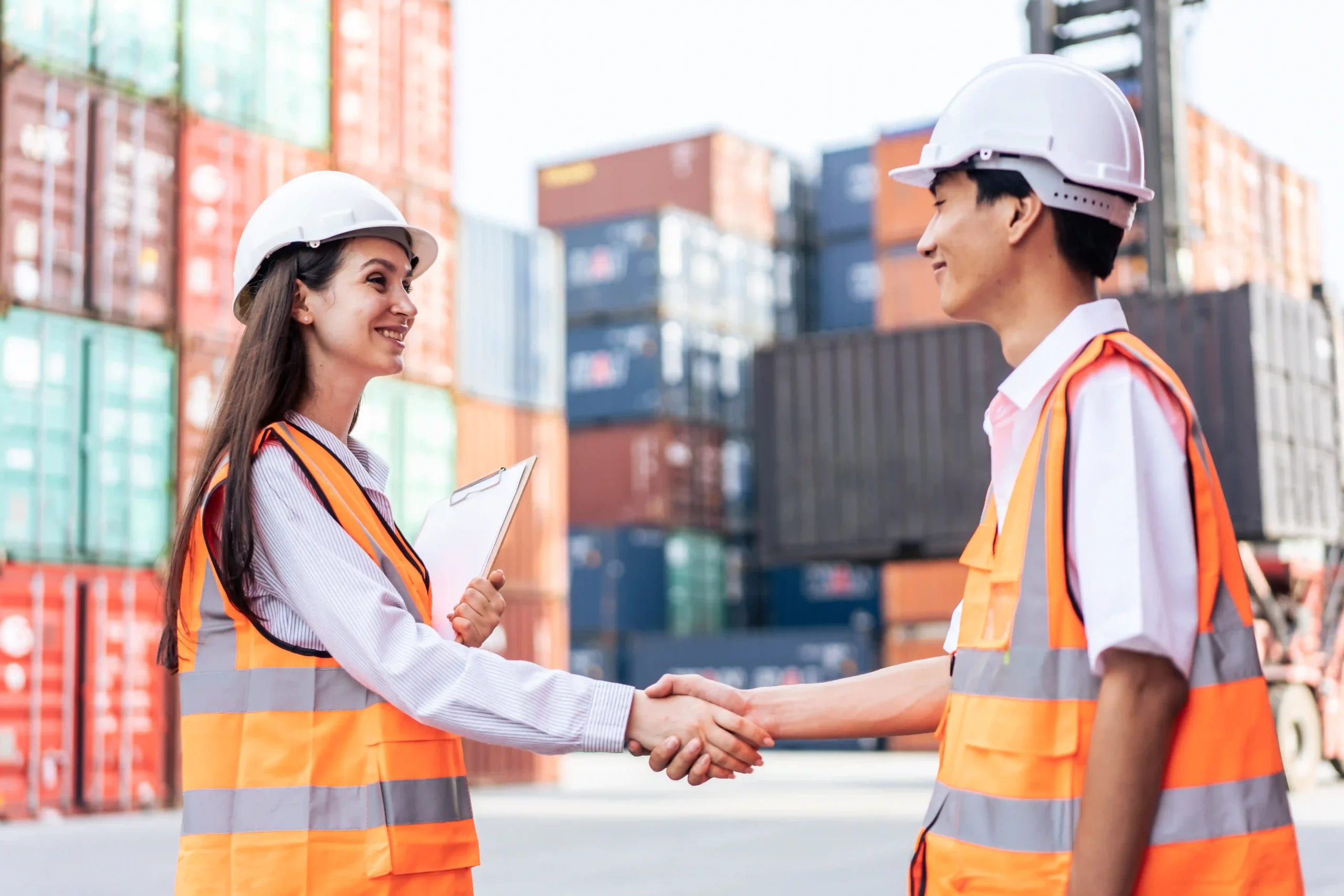 Business professionals shaking hands at a shipping yard, showcasing logistics efficiency with custom report design.