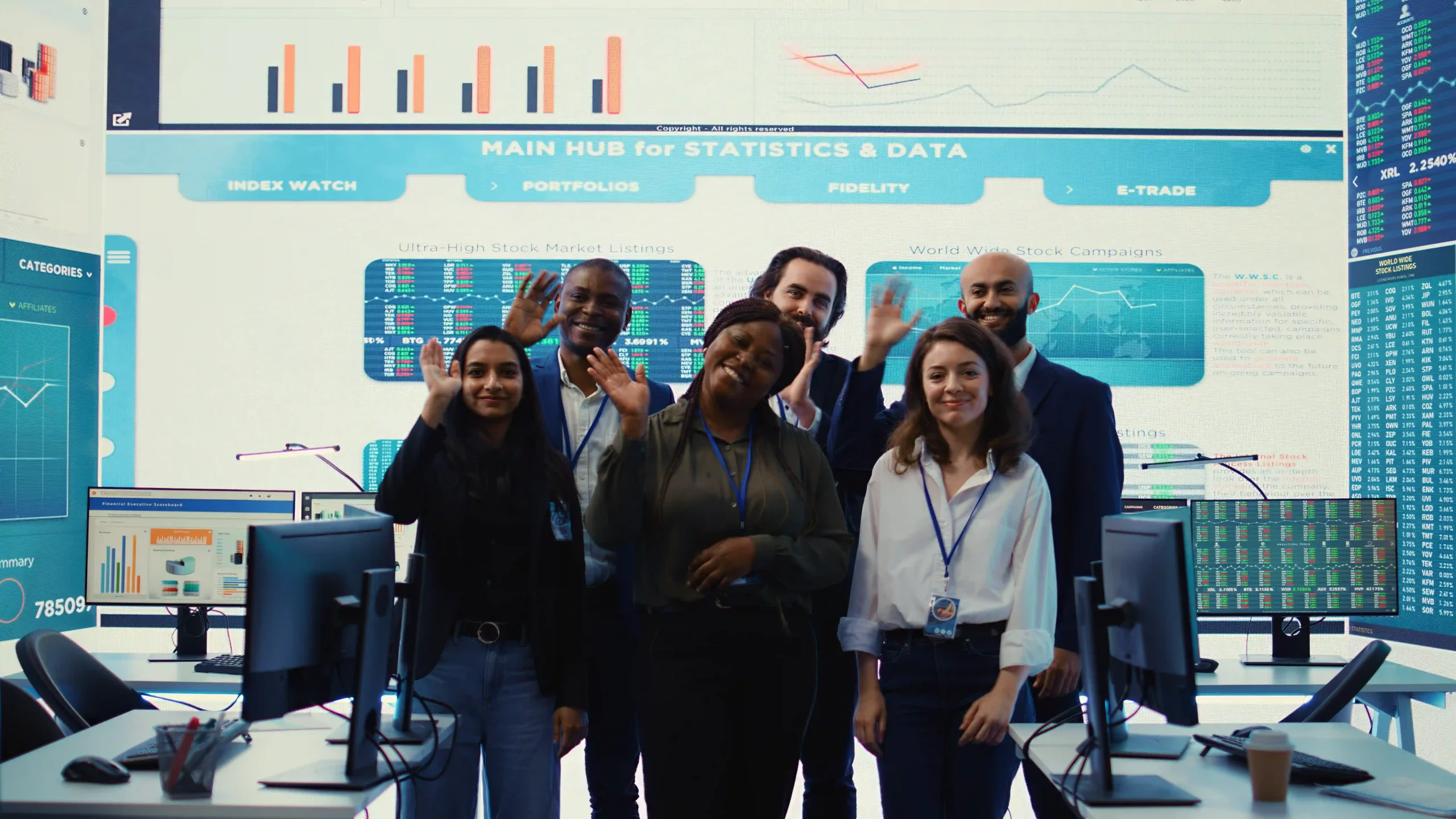 A diverse business team smiling and waving at a logistics innovation event, discussing supply chain advancements on Logistics Innovation Day.