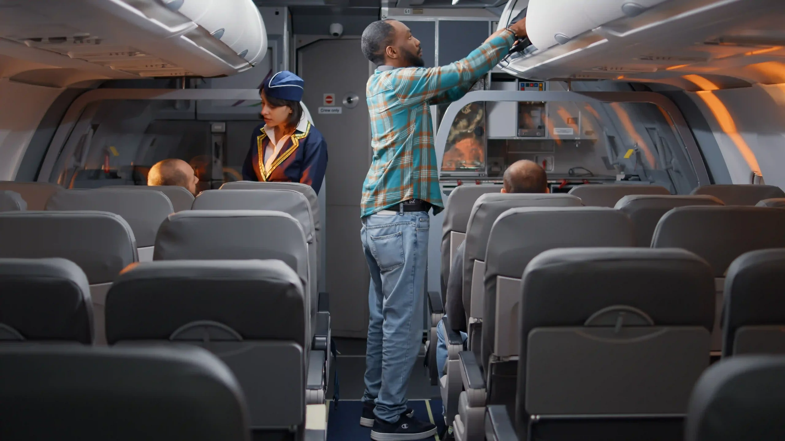 A passenger placing luggage in an overhead bin while a flight attendant assists, illustrating customer service trends in the airline industry today.
