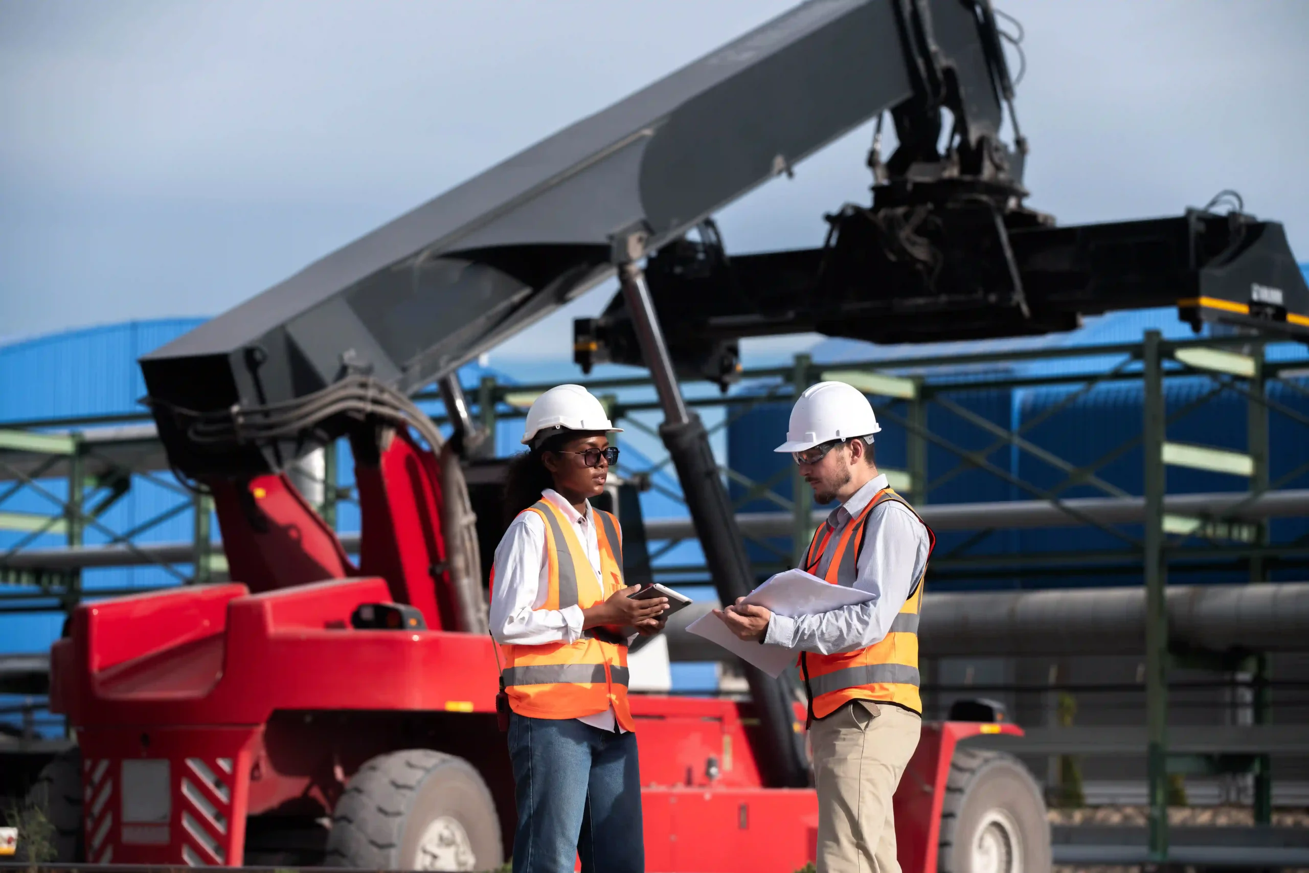 Logistics engineers discussing warehouse performance insights through custom report development and real-time data tracking.