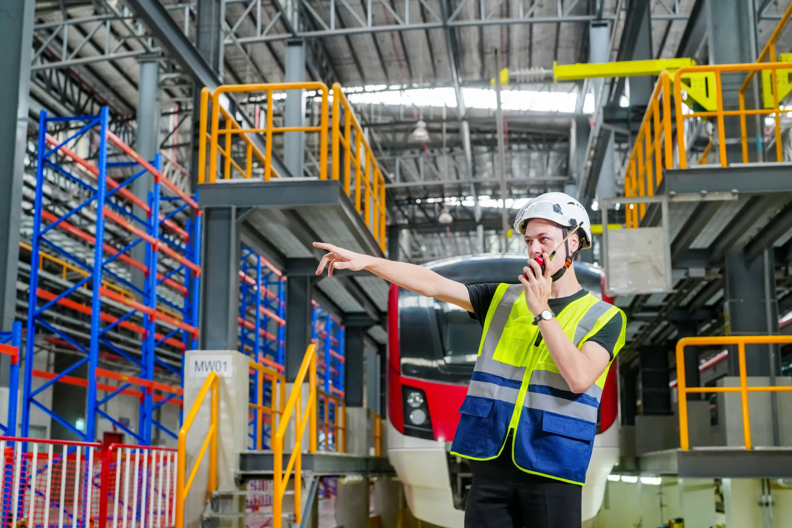 Engineers discussing locomotive operations at a railway facility, addressing supply chain optimization challenges in transportation.