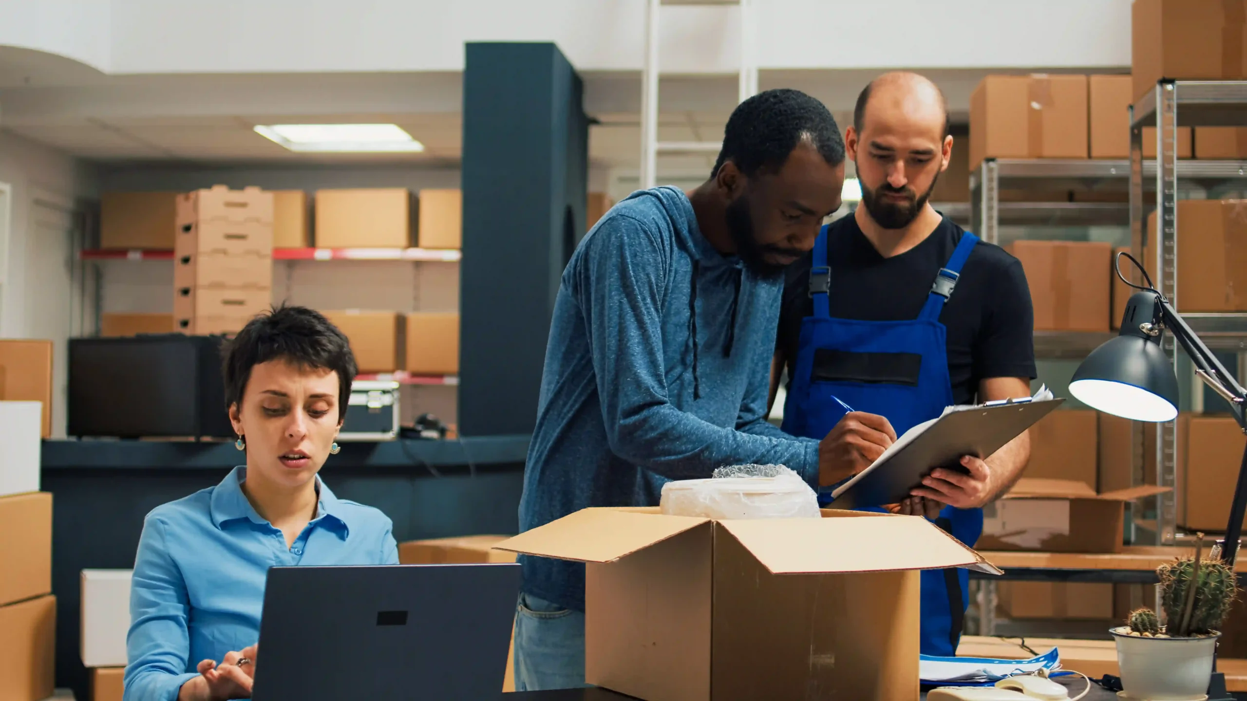 Entrepreneurs leveraging supply chain technology innovation to streamline order fulfillment in a modern warehouse.