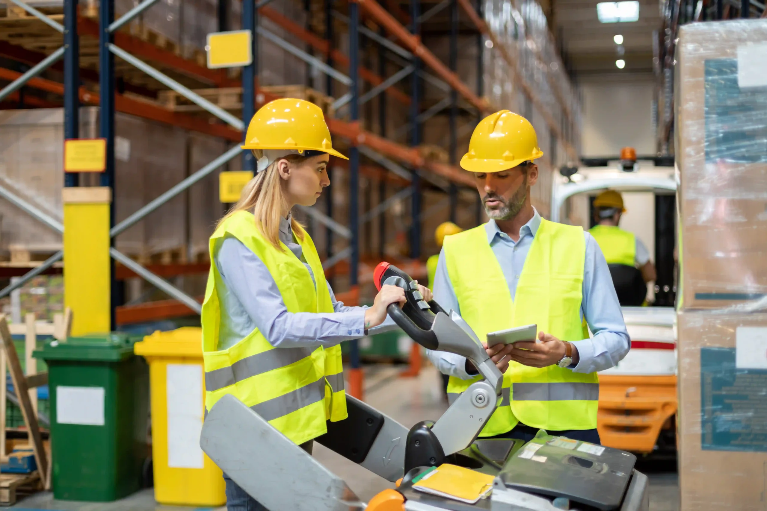 Female warehouse worker using automated forklifts as part of supply chain technology innovation for efficient logistics.