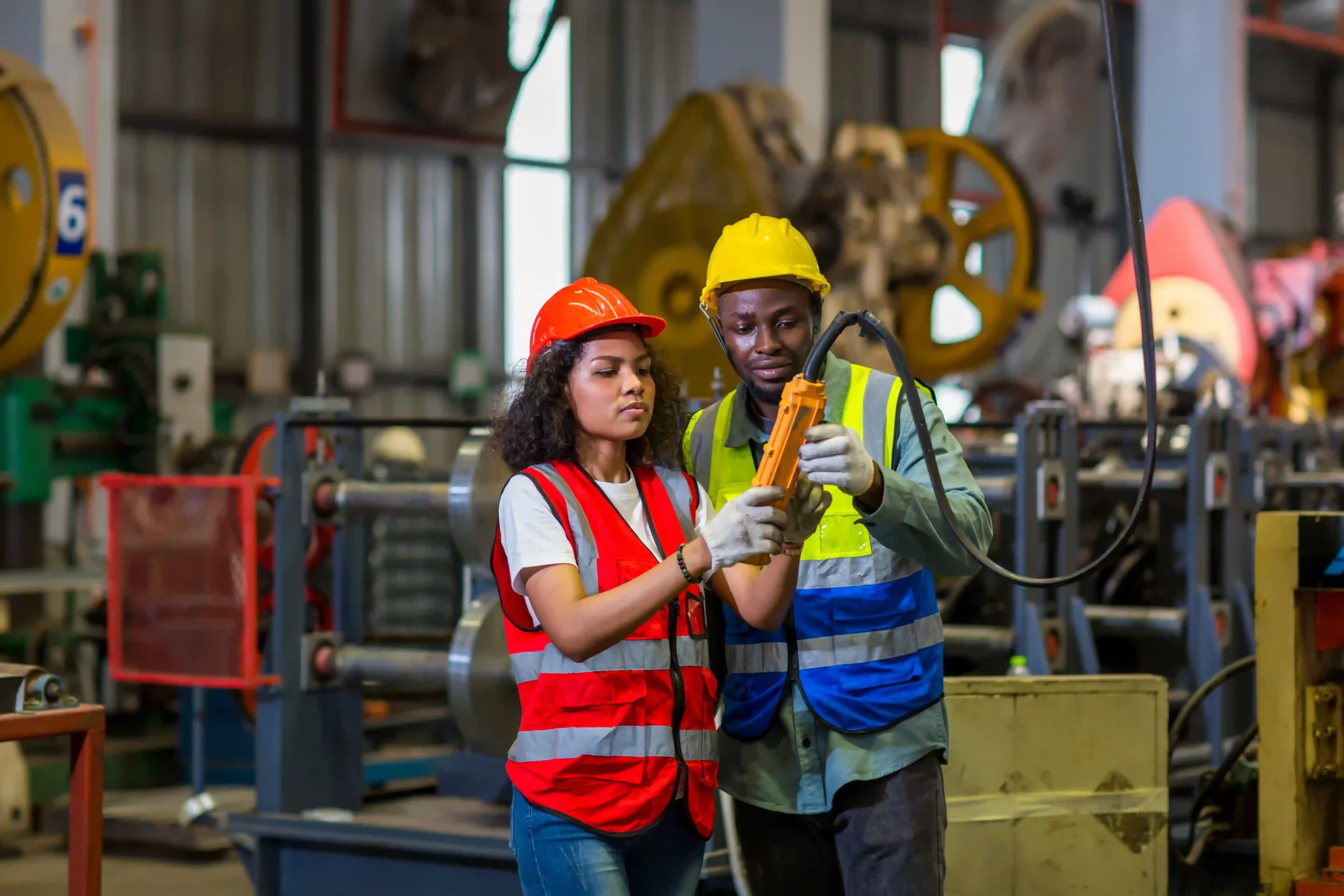 A factory foreman and worker collaborating on equipment inspections, ensuring compliance with safety and operational standards in high regulated industries.