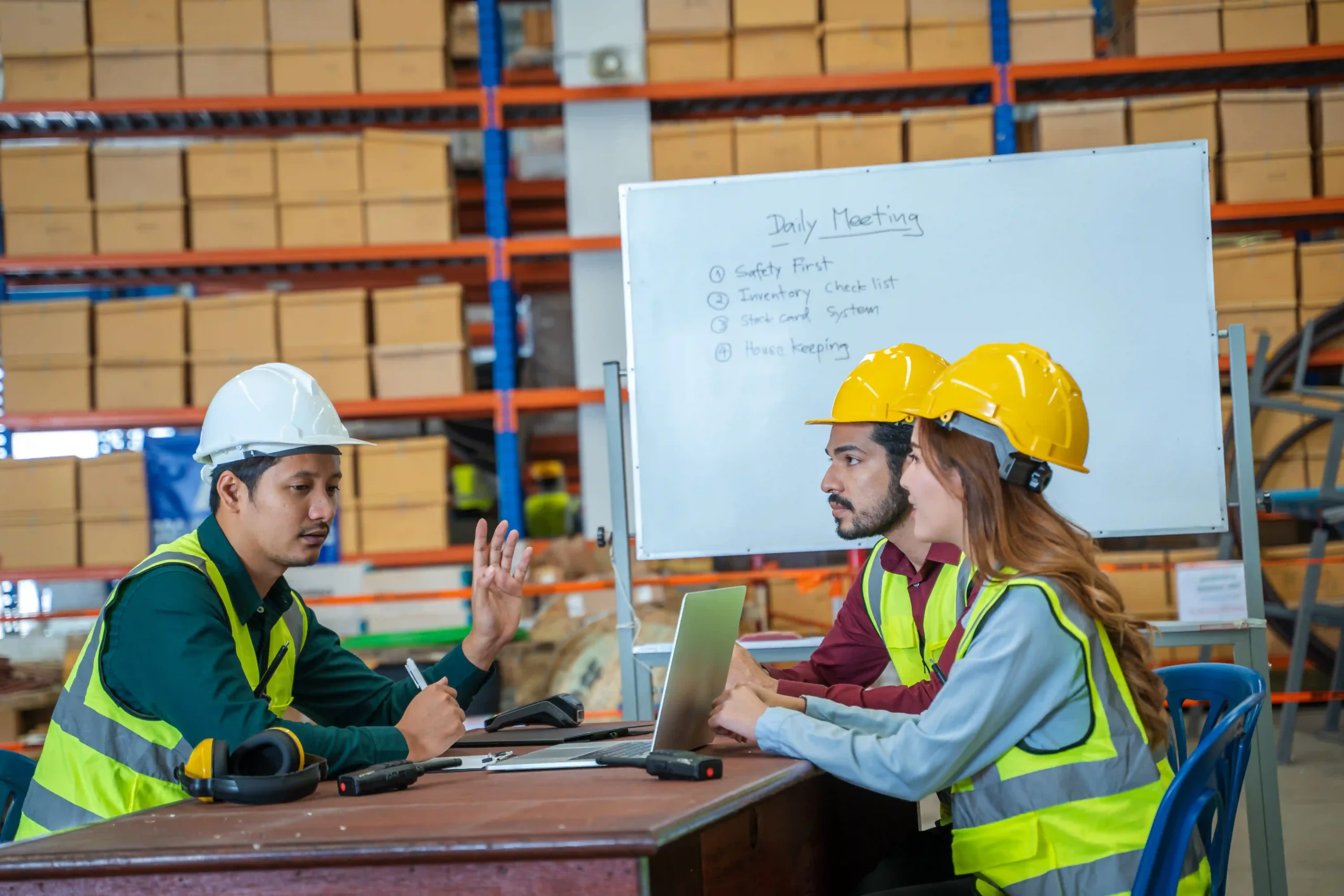 Warehouse team discussing supply chain technology innovation strategies to enhance logistics and inventory management.