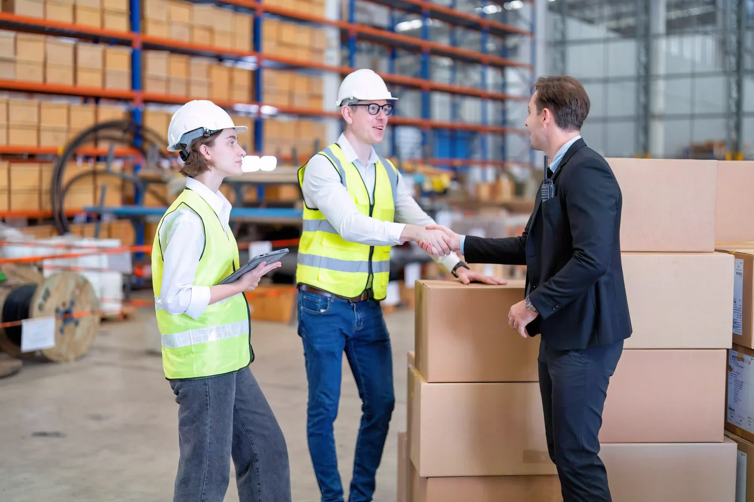 Workers collaborating in a warehouse, discussing logistics strategies and supply chain innovation definition.