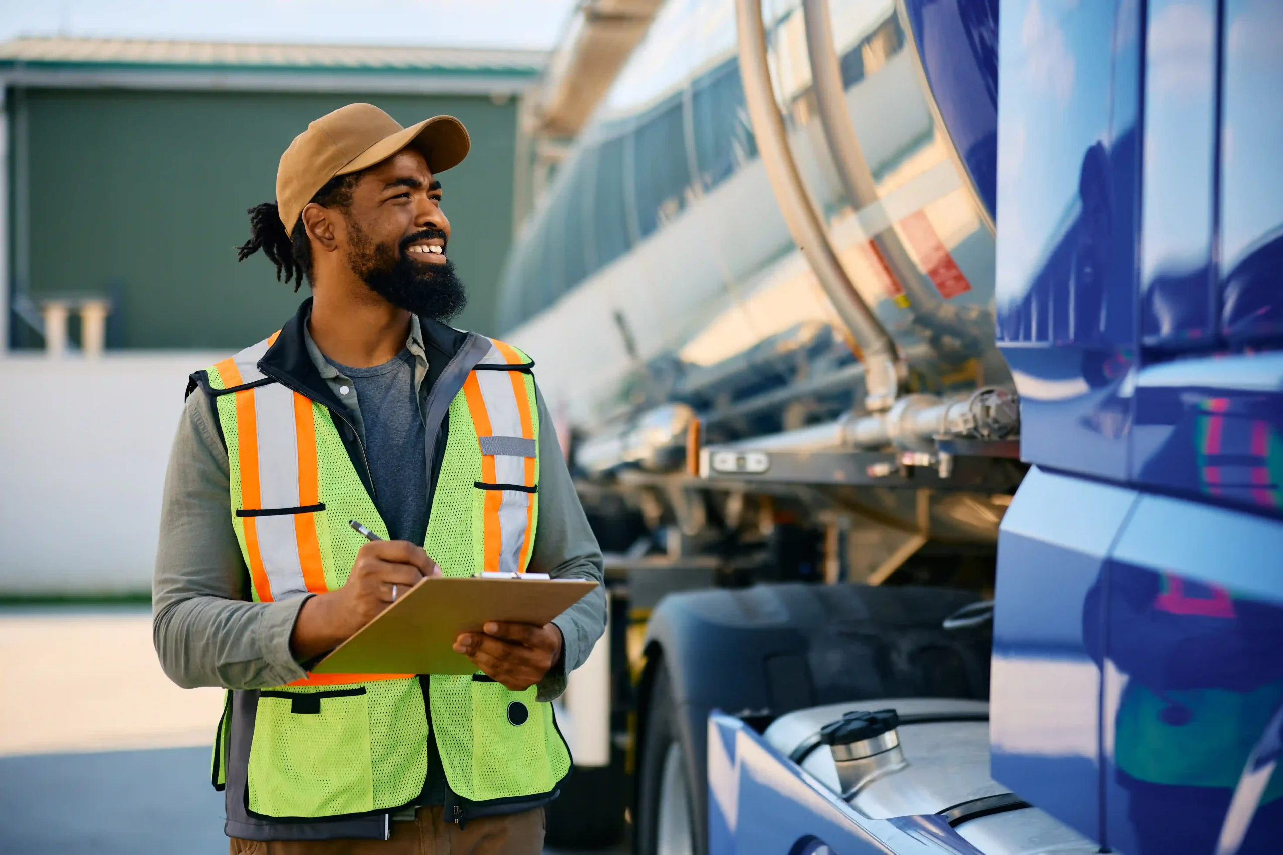 A logistics professional wearing a high-visibility vest and cap, inspecting a freight truck as part of innovative logistics services tracking.