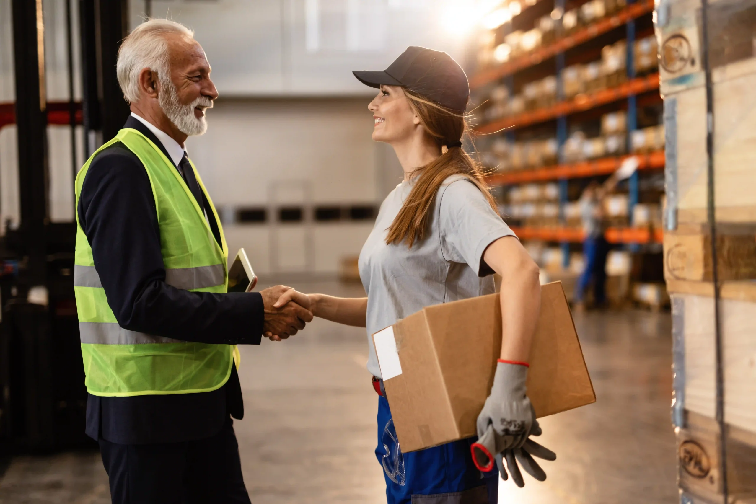 A business executive shaking hands with a warehouse worker, highlighting supply chain innovation definition in logistics partnerships.