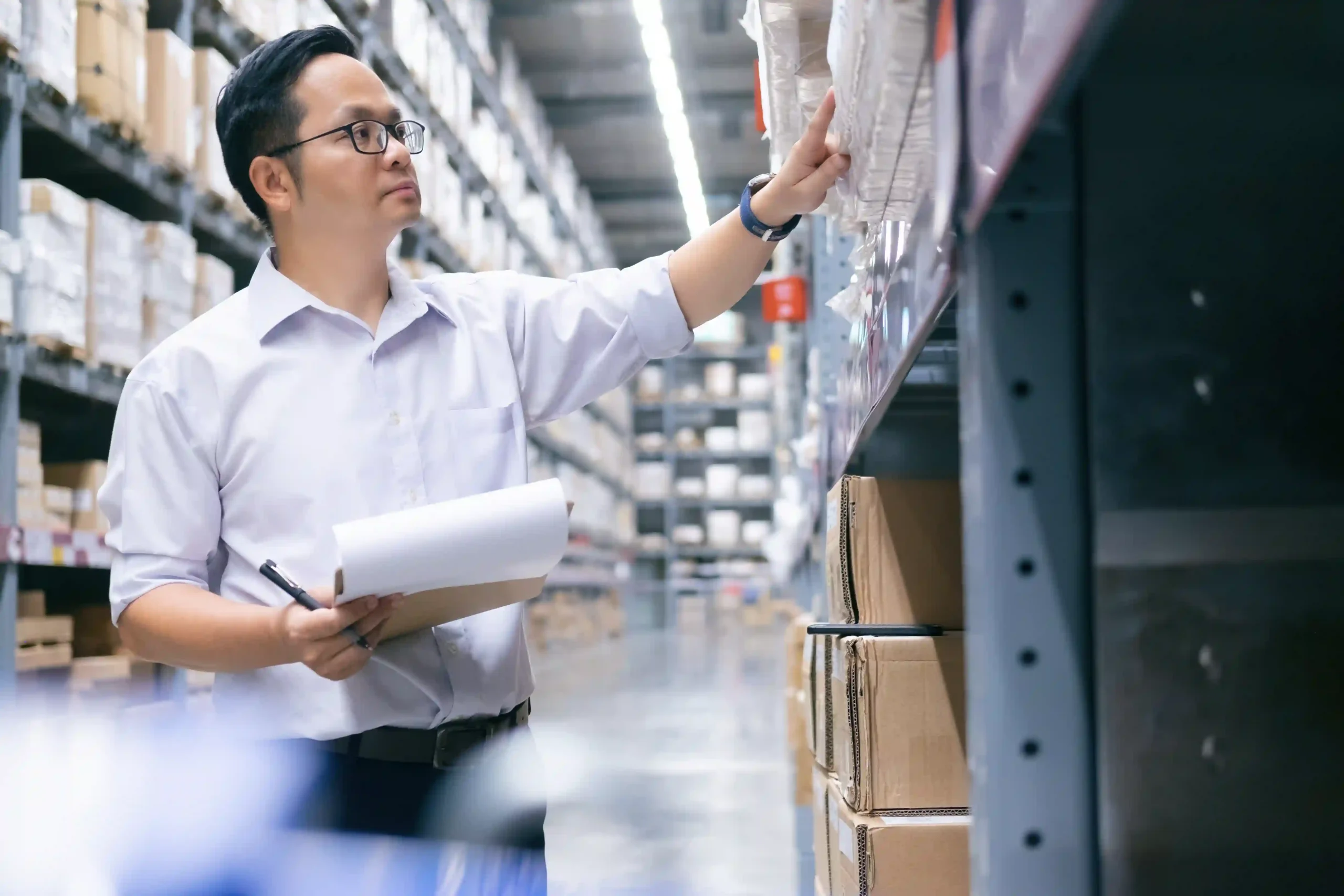Supply chain manager checking inventory for improved supply chain visibility and optimization.