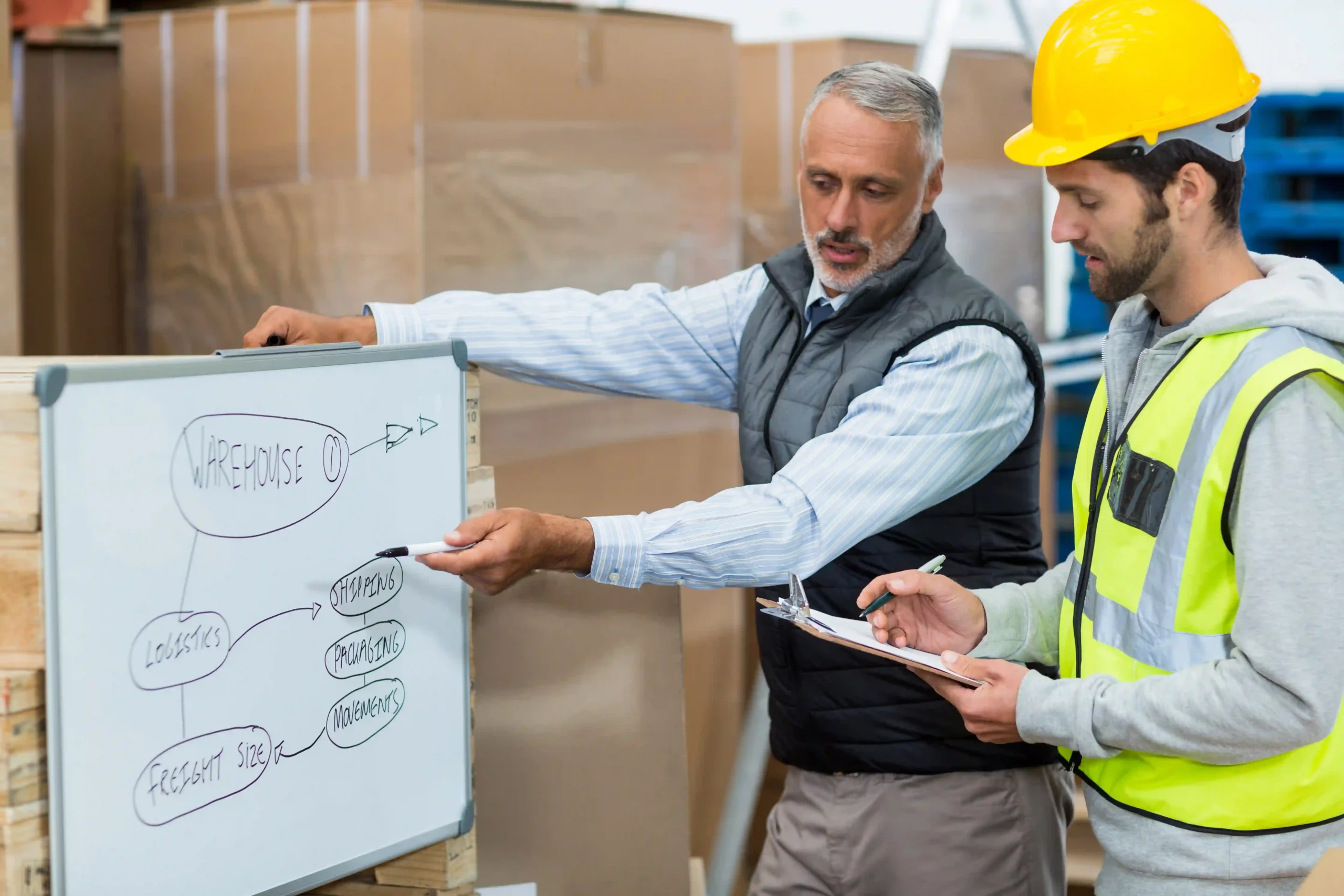A manager and a warehouse worker discussing warehouse logistics strategies on a whiteboard during a supply chain optimization training session.